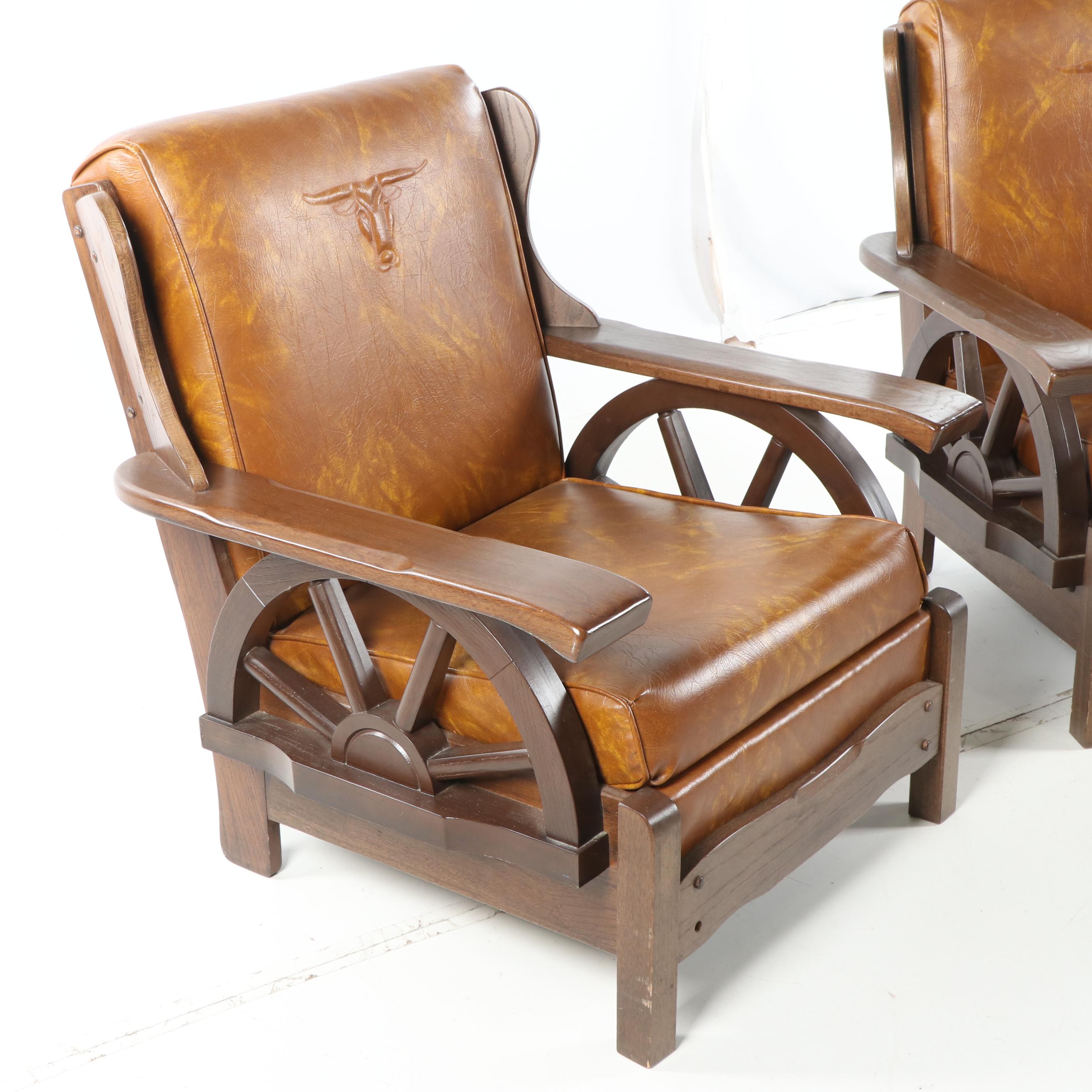 Wagon Wheel Motif Vinyl Upholstered Oak Armchairs with Ottoman, 20th Century