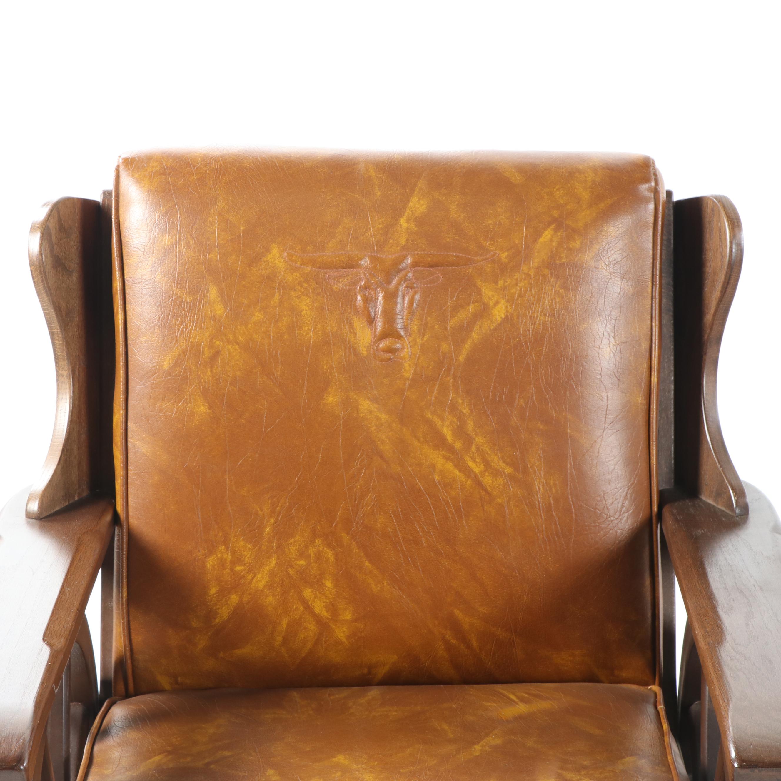 Wagon Wheel Motif Vinyl Upholstered Oak Armchairs with Ottoman, 20th Century