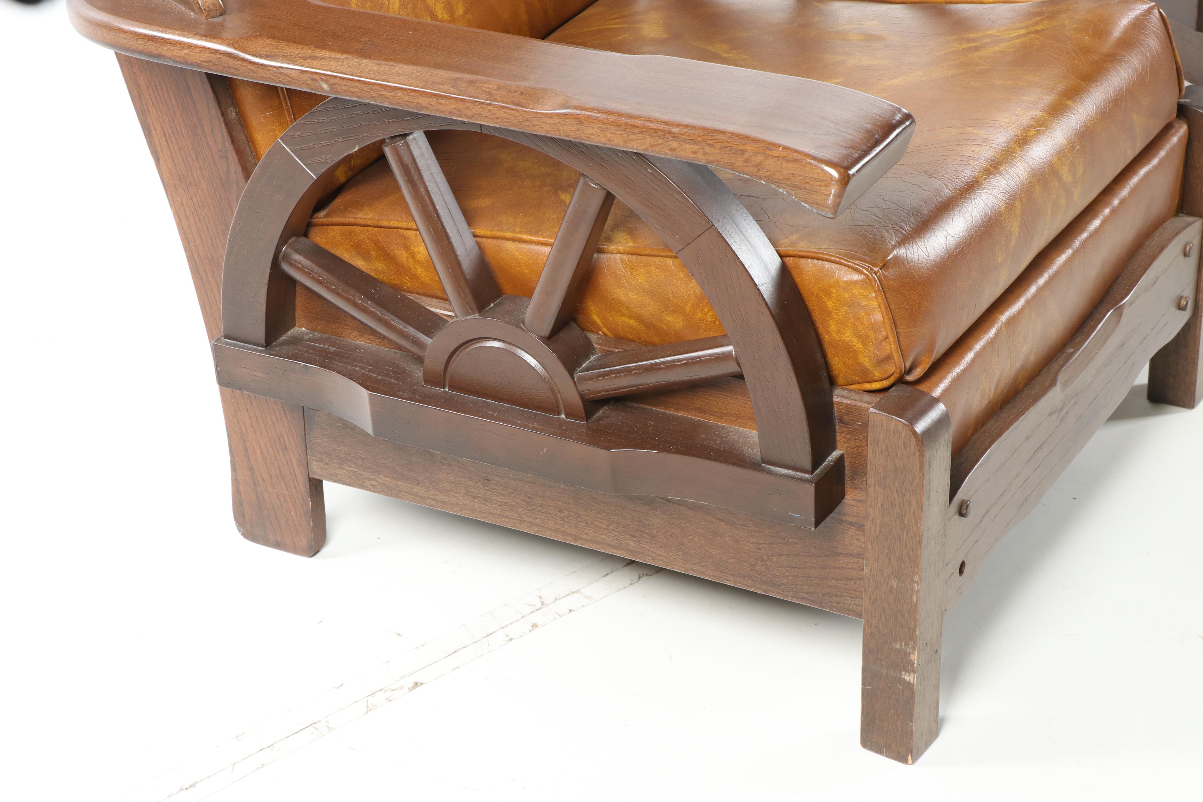 Wagon Wheel Motif Vinyl Upholstered Oak Armchairs with Ottoman, 20th Century