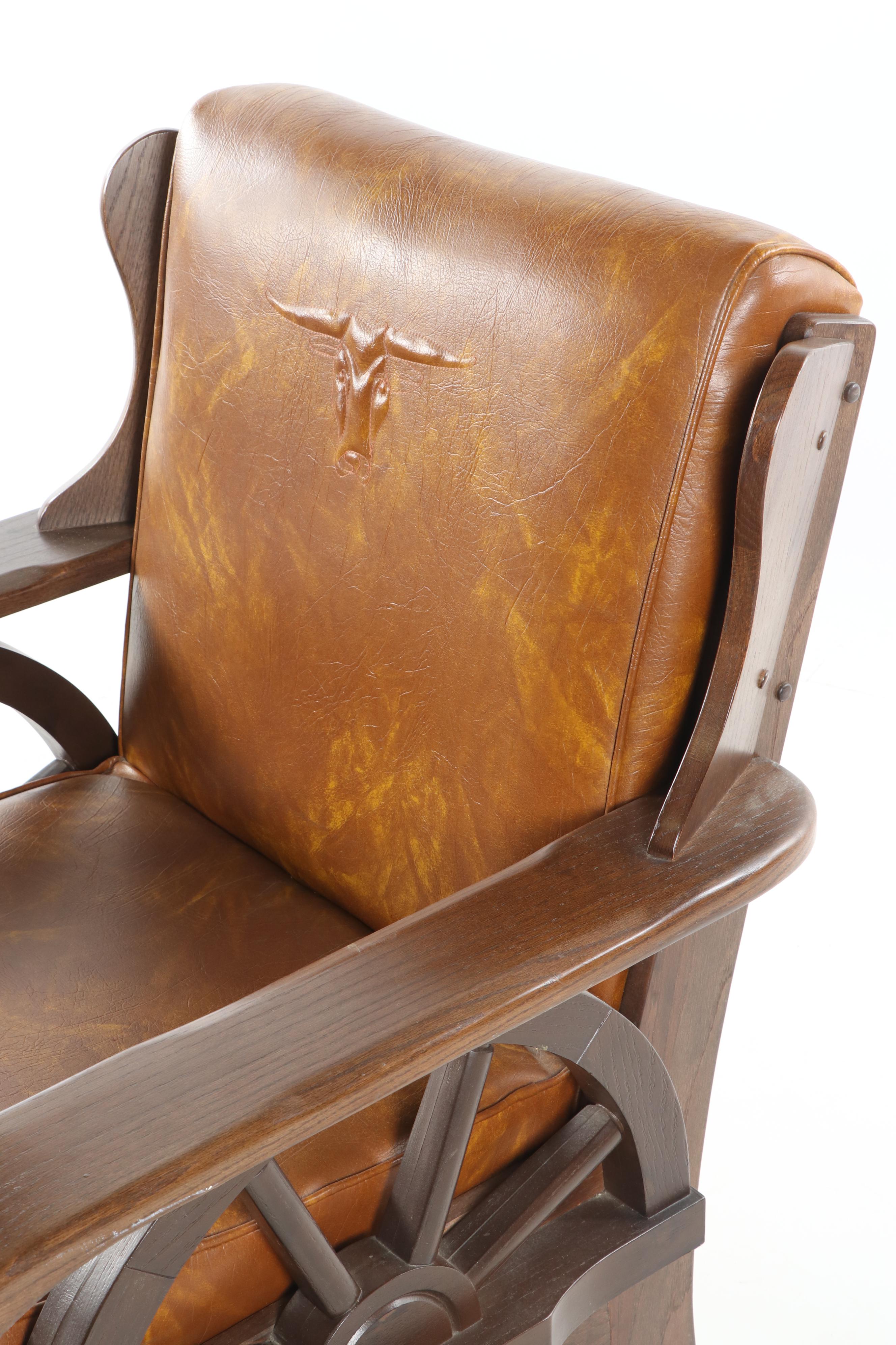 Wagon Wheel Motif Vinyl Upholstered Oak Armchairs with Ottoman, 20th Century