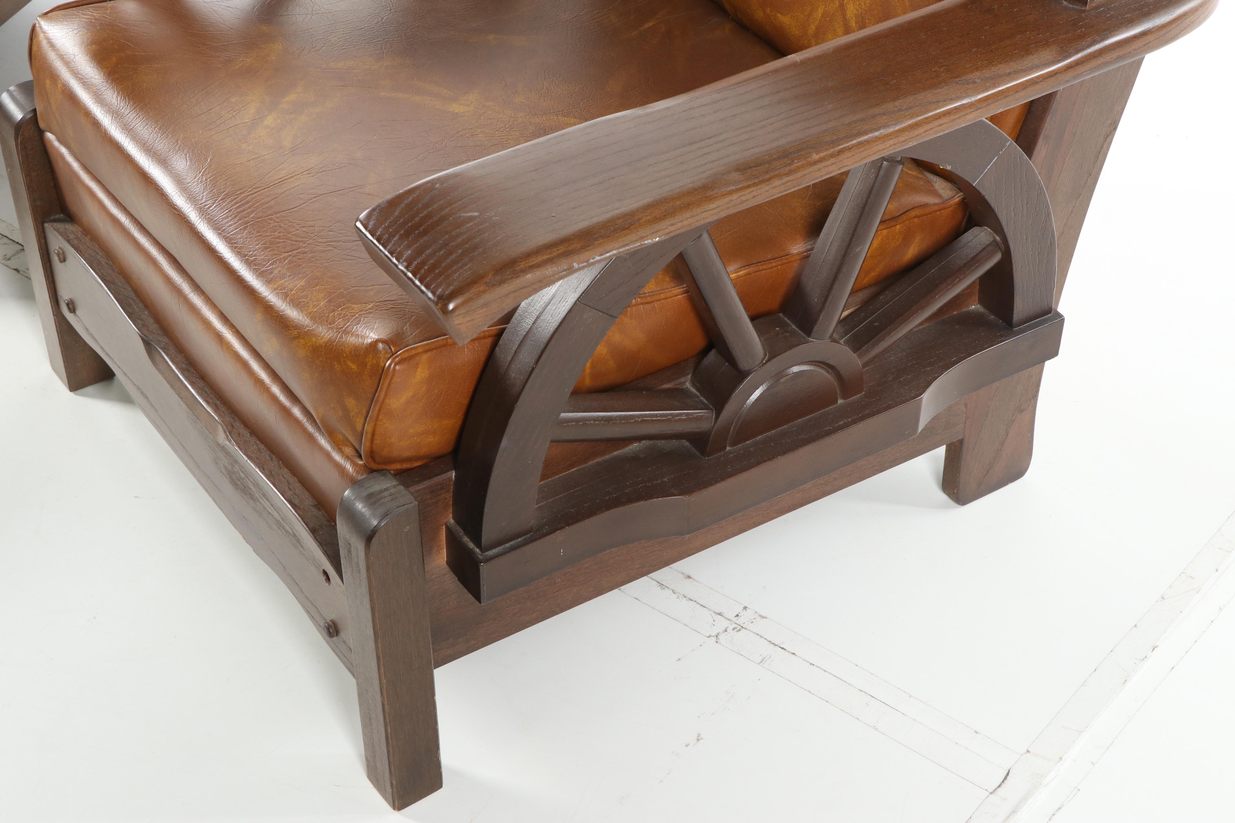 Wagon Wheel Motif Vinyl Upholstered Oak Armchairs with Ottoman, 20th Century
