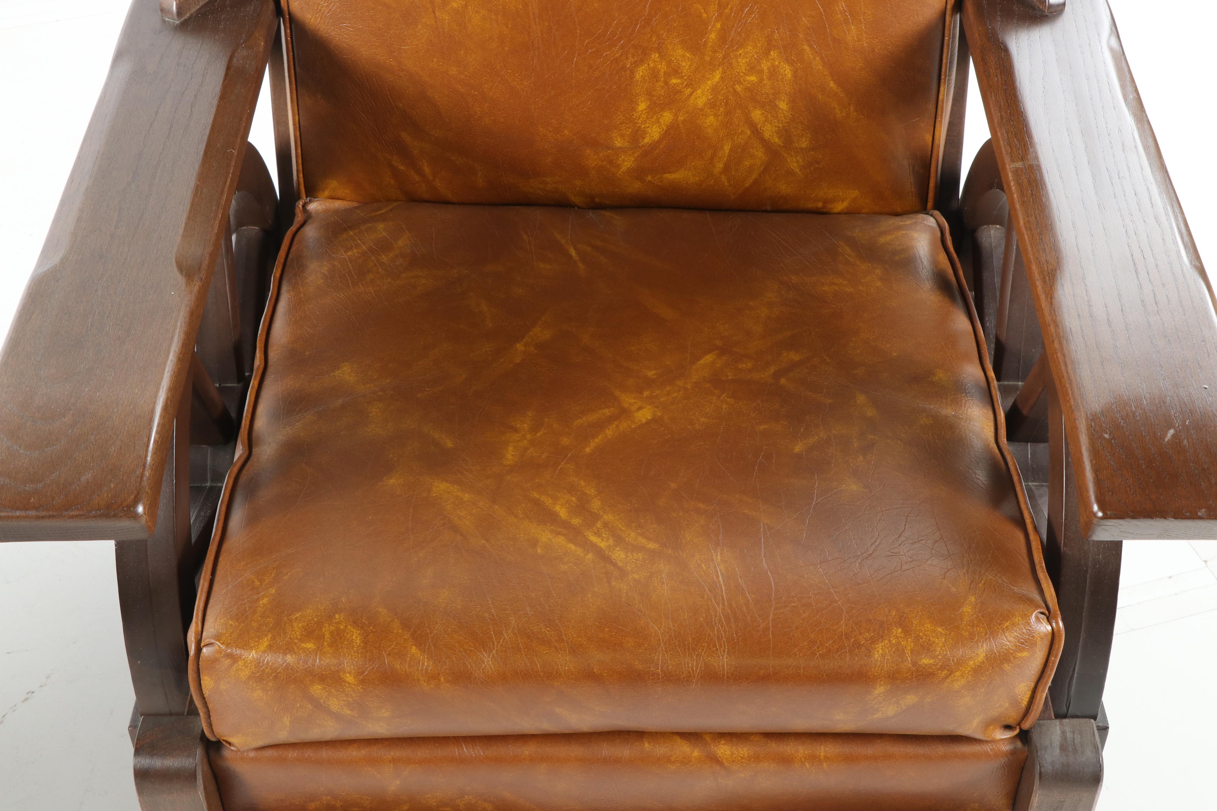 Wagon Wheel Motif Vinyl Upholstered Oak Armchairs with Ottoman, 20th Century