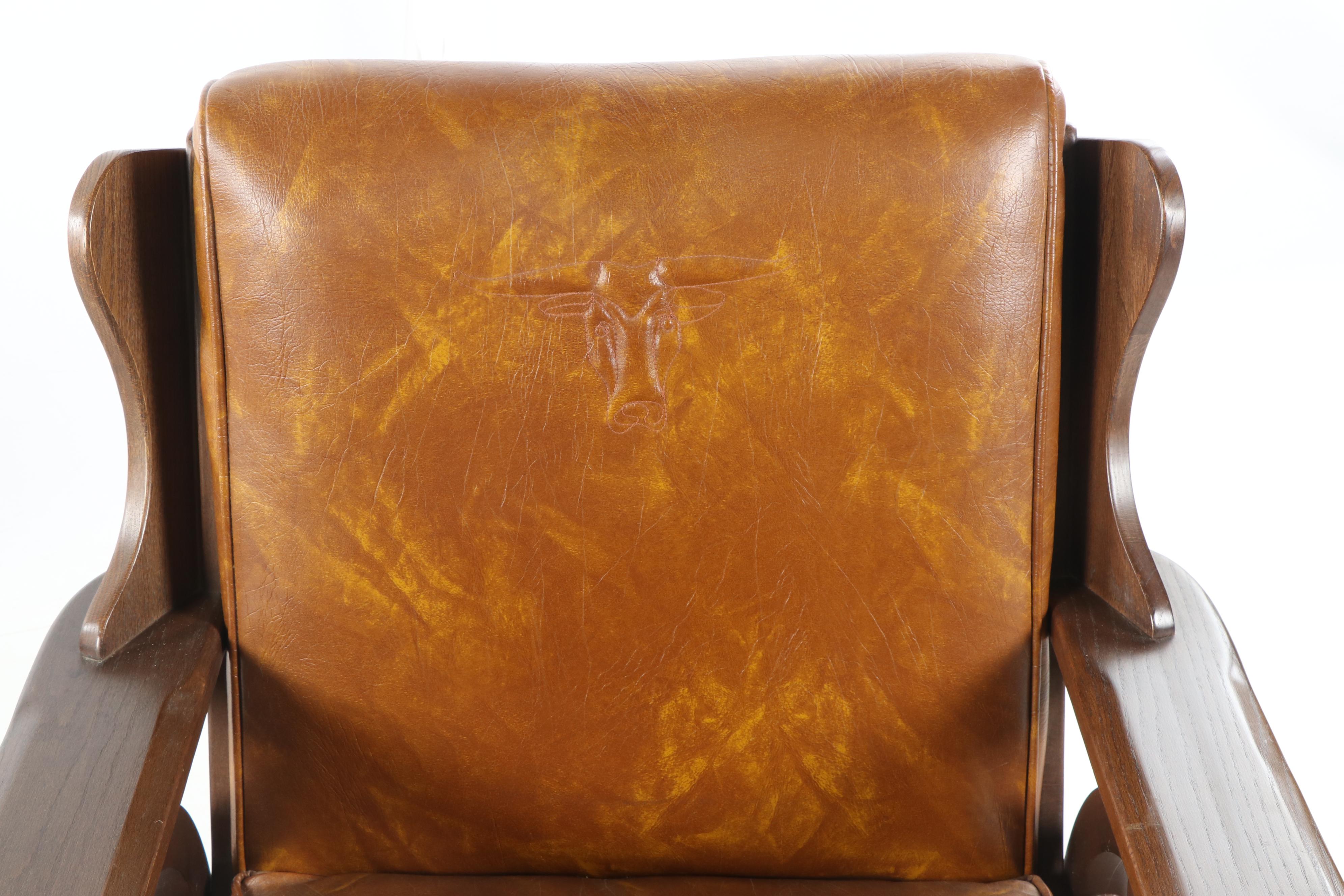 Wagon Wheel Motif Vinyl Upholstered Oak Armchairs with Ottoman, 20th Century