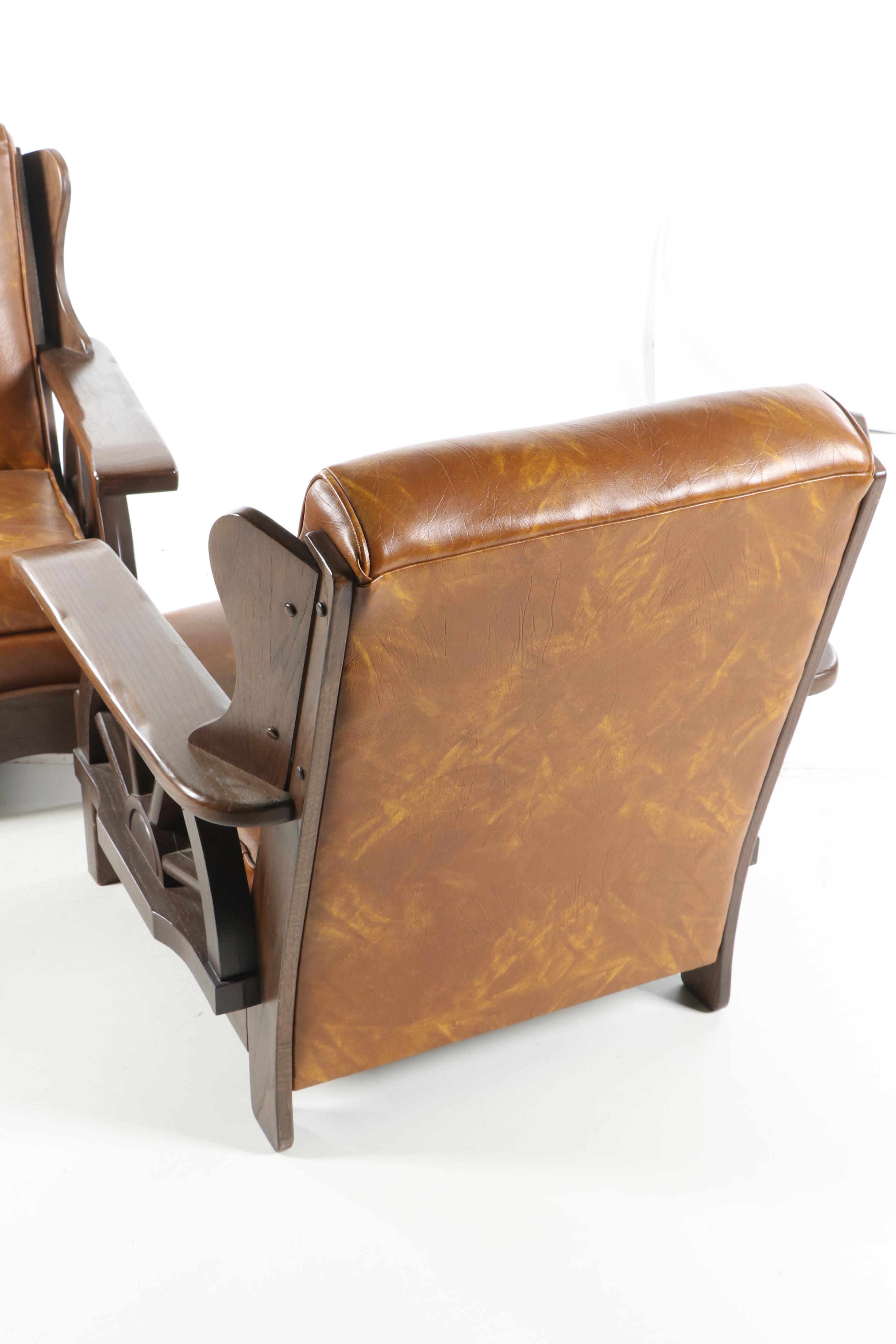 Wagon Wheel Motif Vinyl Upholstered Oak Armchairs with Ottoman, 20th Century