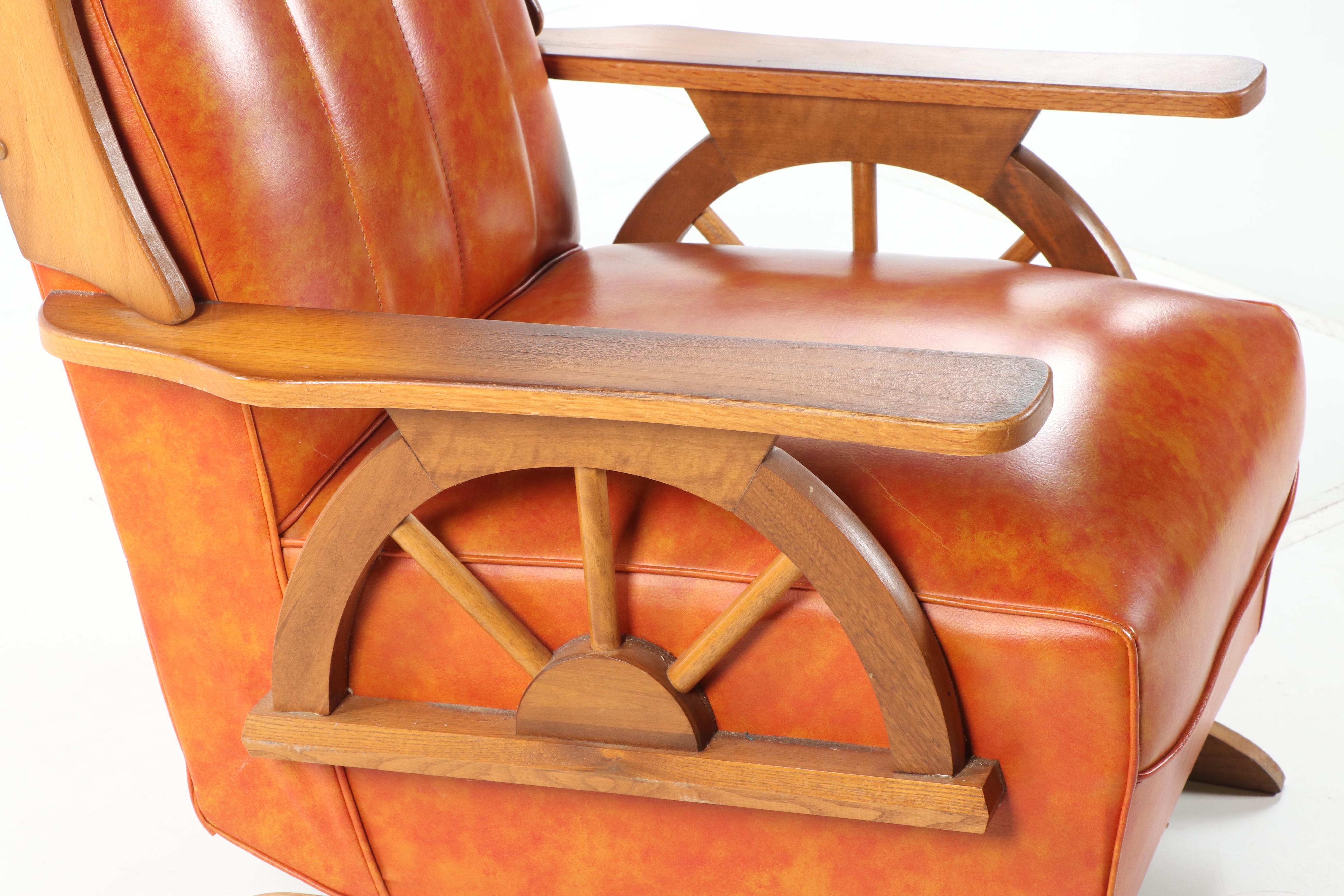 Wagon Wheel Motif Vinyl Upholstered Platform Rocker, Mid-20th Century
