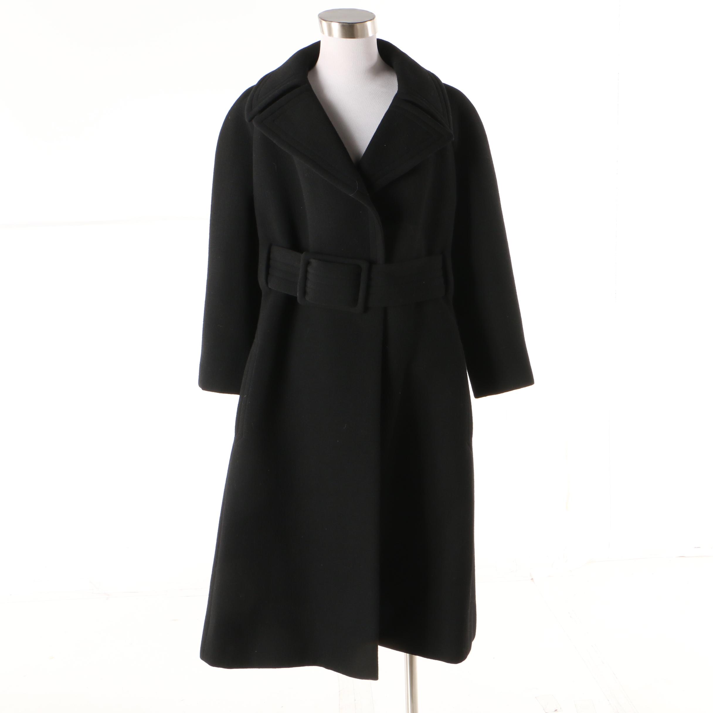 Pauline Trigère Black Wool Coat, Mid to Late 1950s Vintage Couture