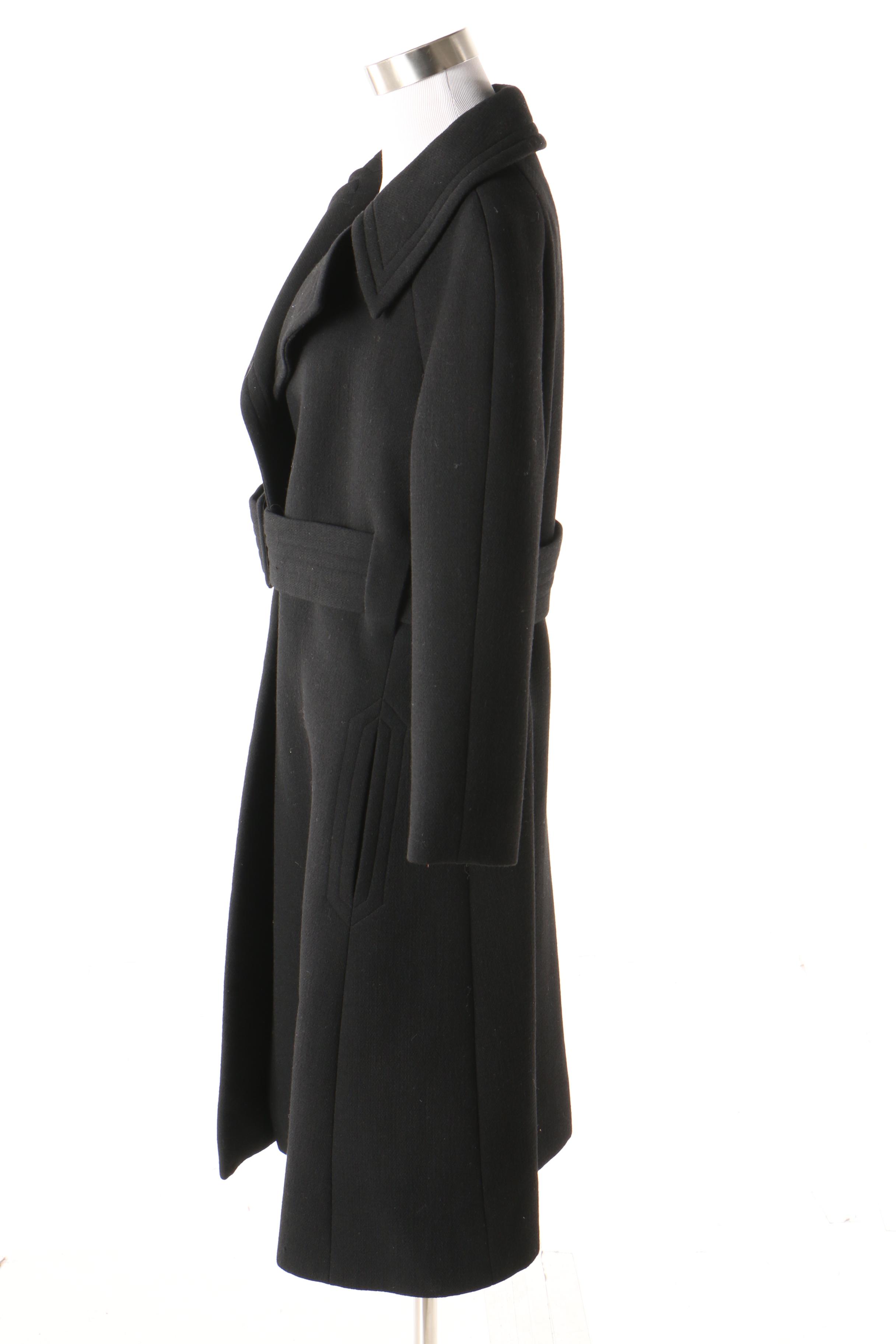 Pauline Trigère Black Wool Coat, Mid to Late 1950s Vintage Couture