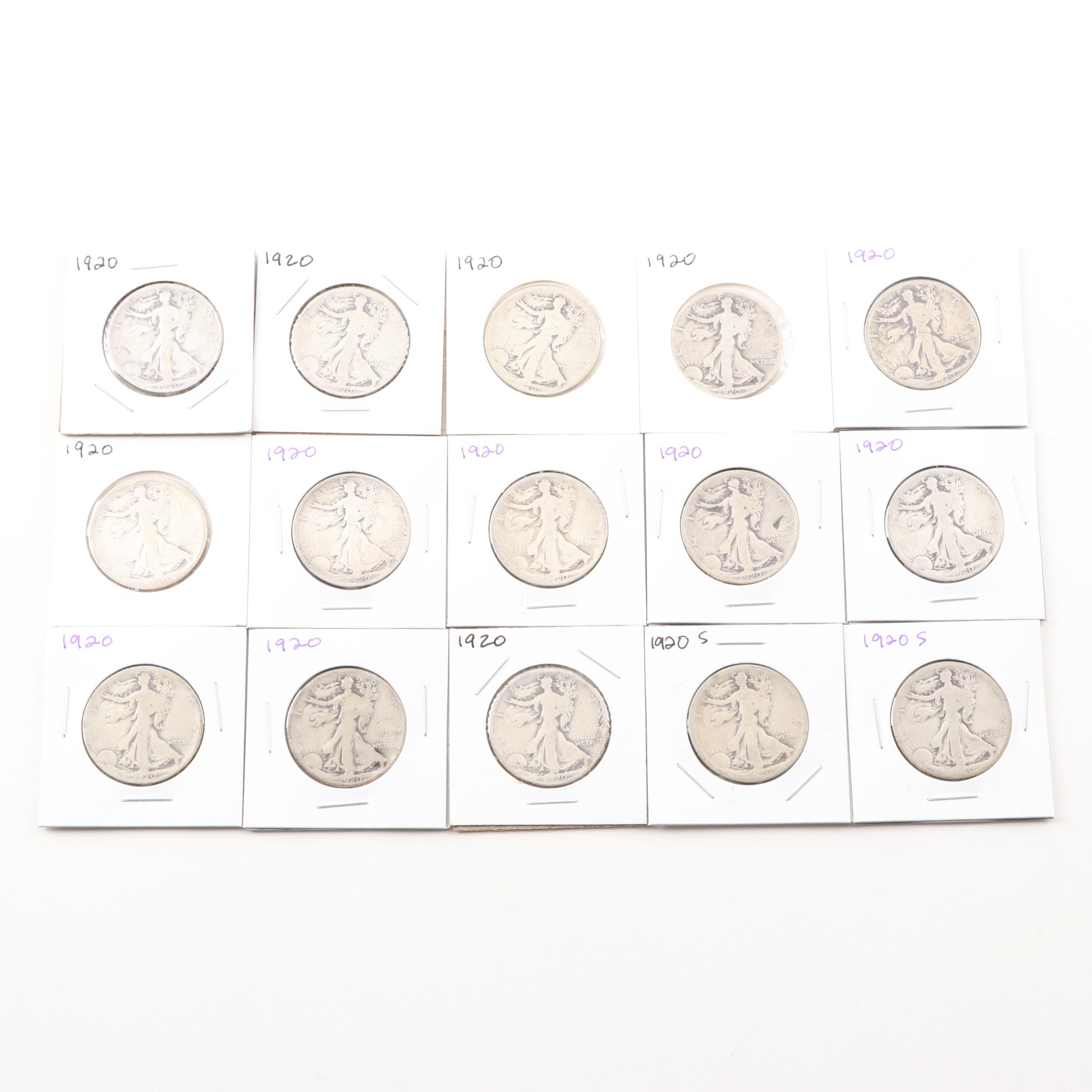 Fifteen 1920 Walking Liberty Silver Half Dollars