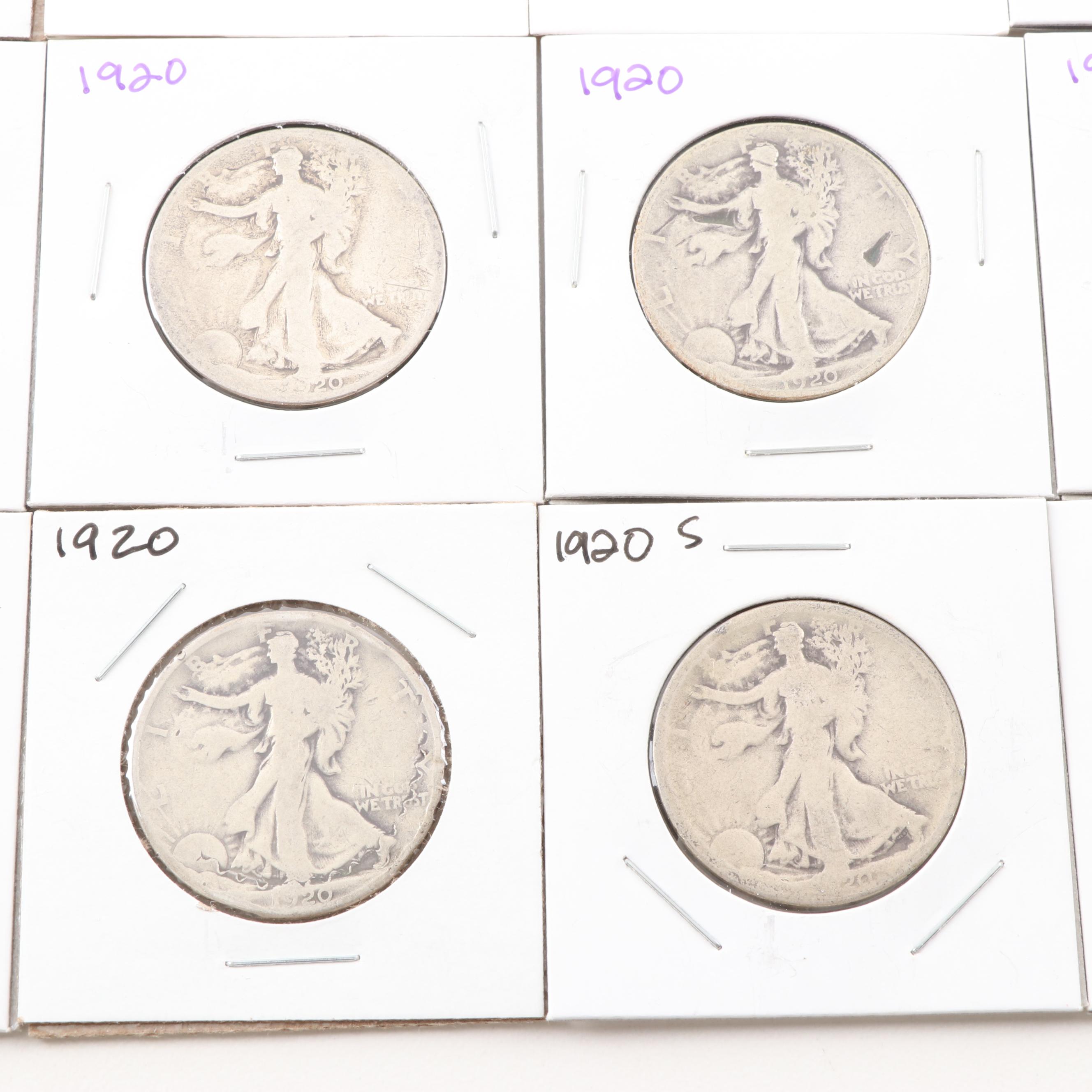 Fifteen 1920 Walking Liberty Silver Half Dollars