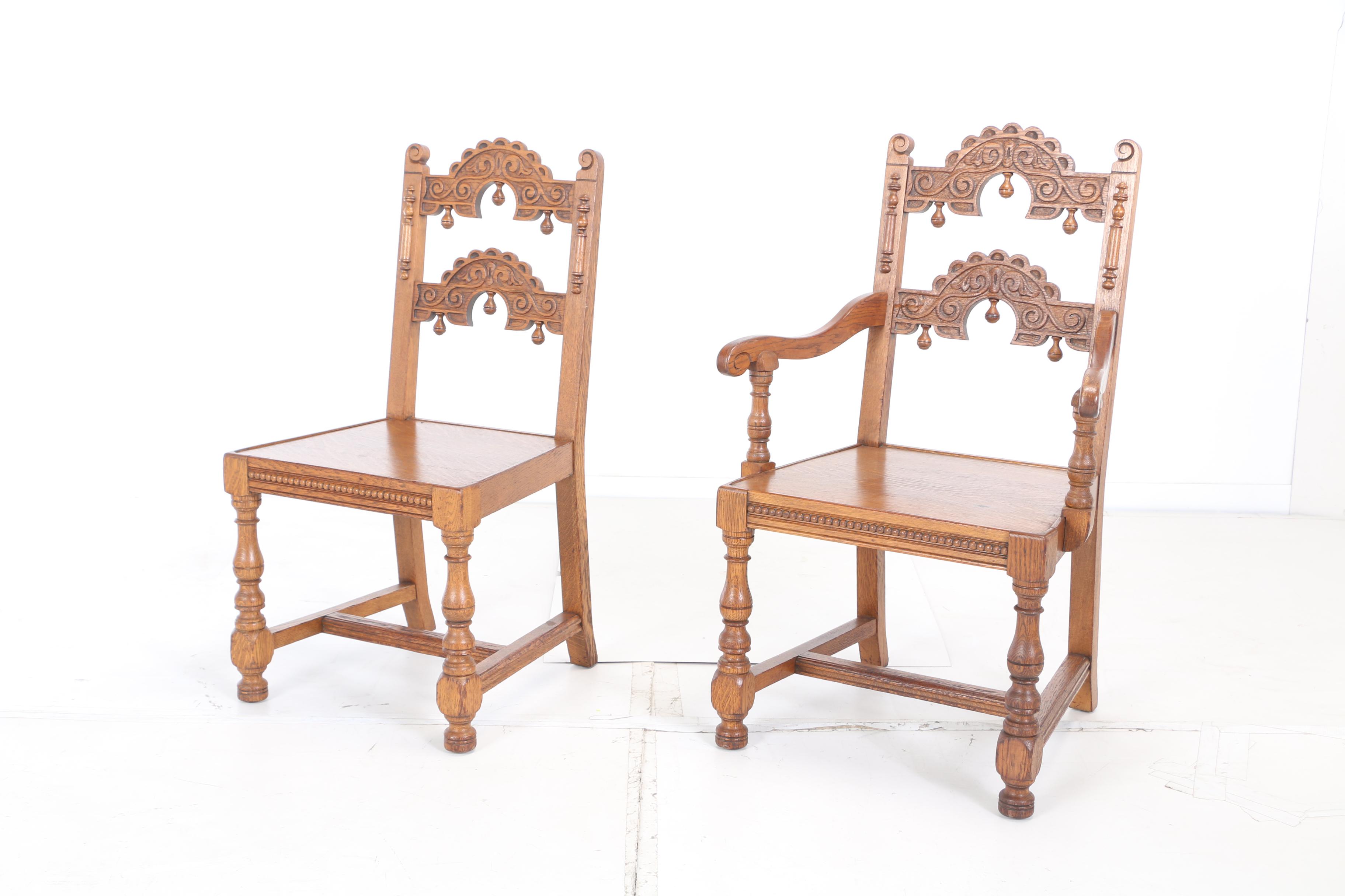 Jacobean Style Oak Draw Leaf Dining Set by Sligh Furniture Co., Early 20th Cent.