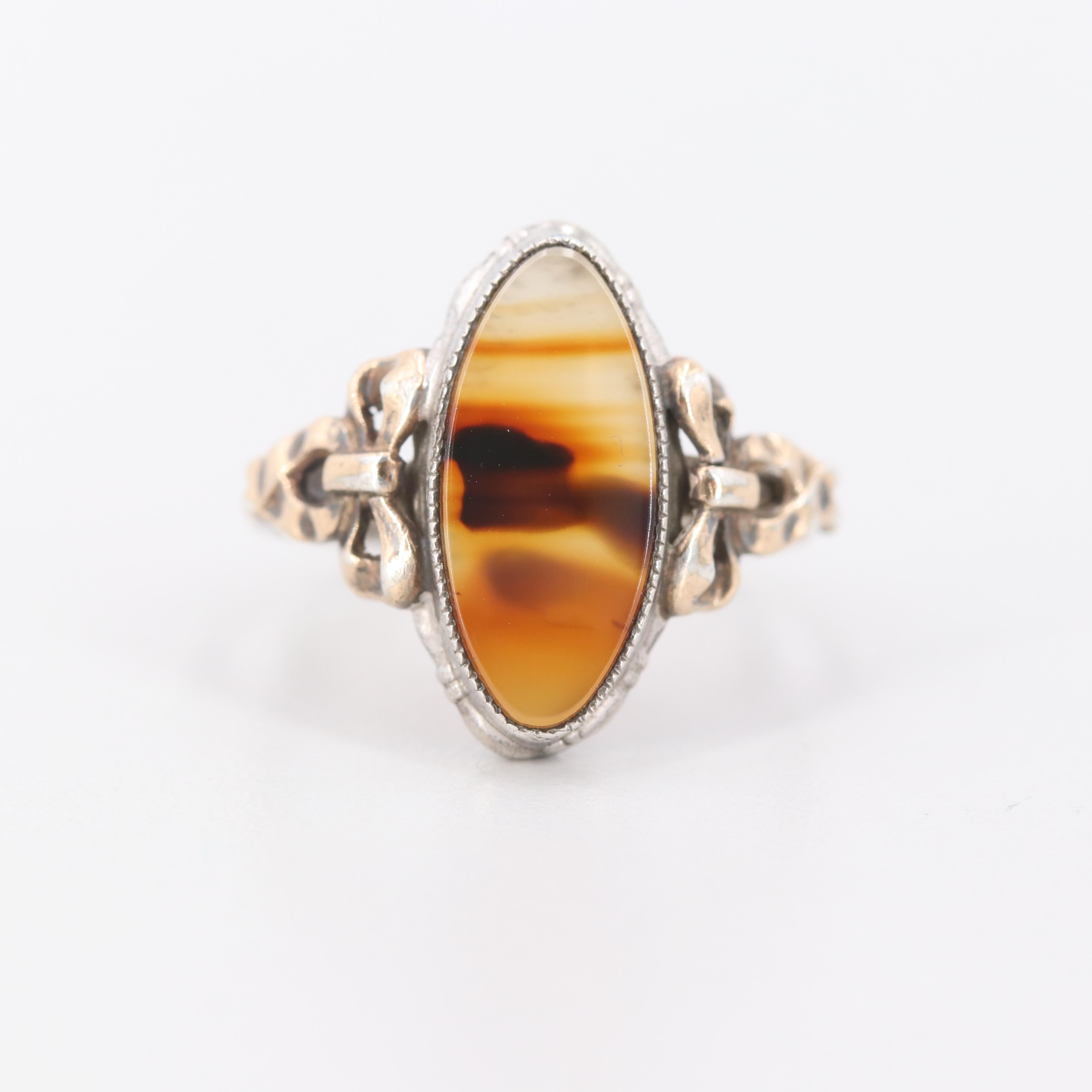 Vintage Clark & Coombs Sterling Silver Agate Ring with 14K Yellow Gold Accents