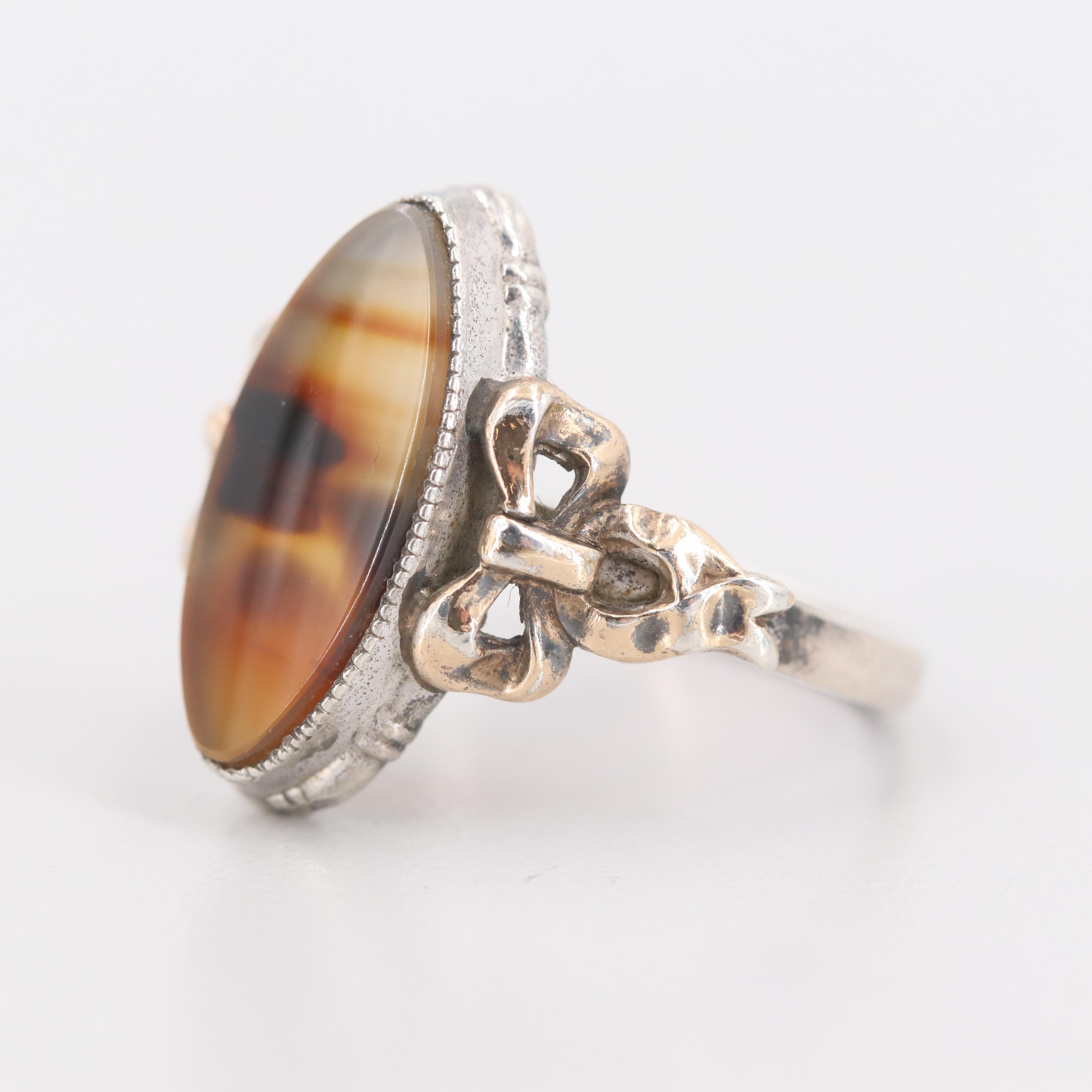 Vintage Clark & Coombs Sterling Silver Agate Ring with 14K Yellow Gold Accents