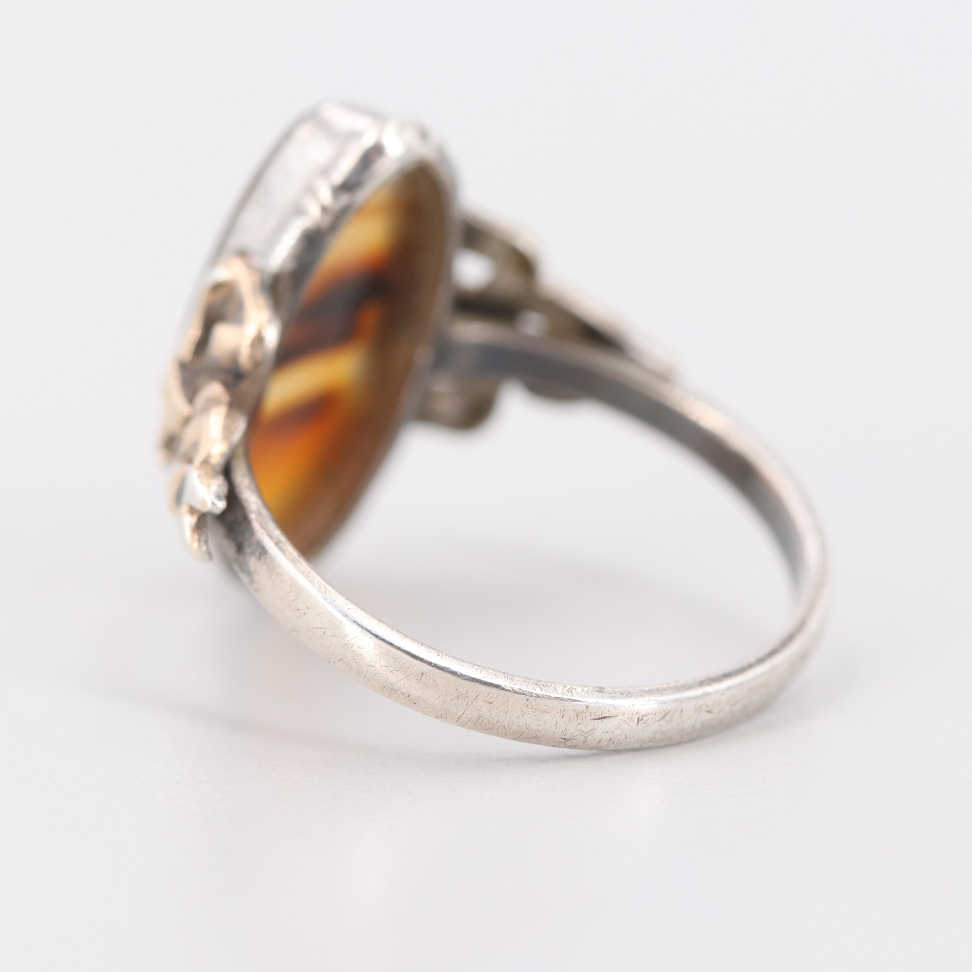 Vintage Clark & Coombs Sterling Silver Agate Ring with 14K Yellow Gold Accents