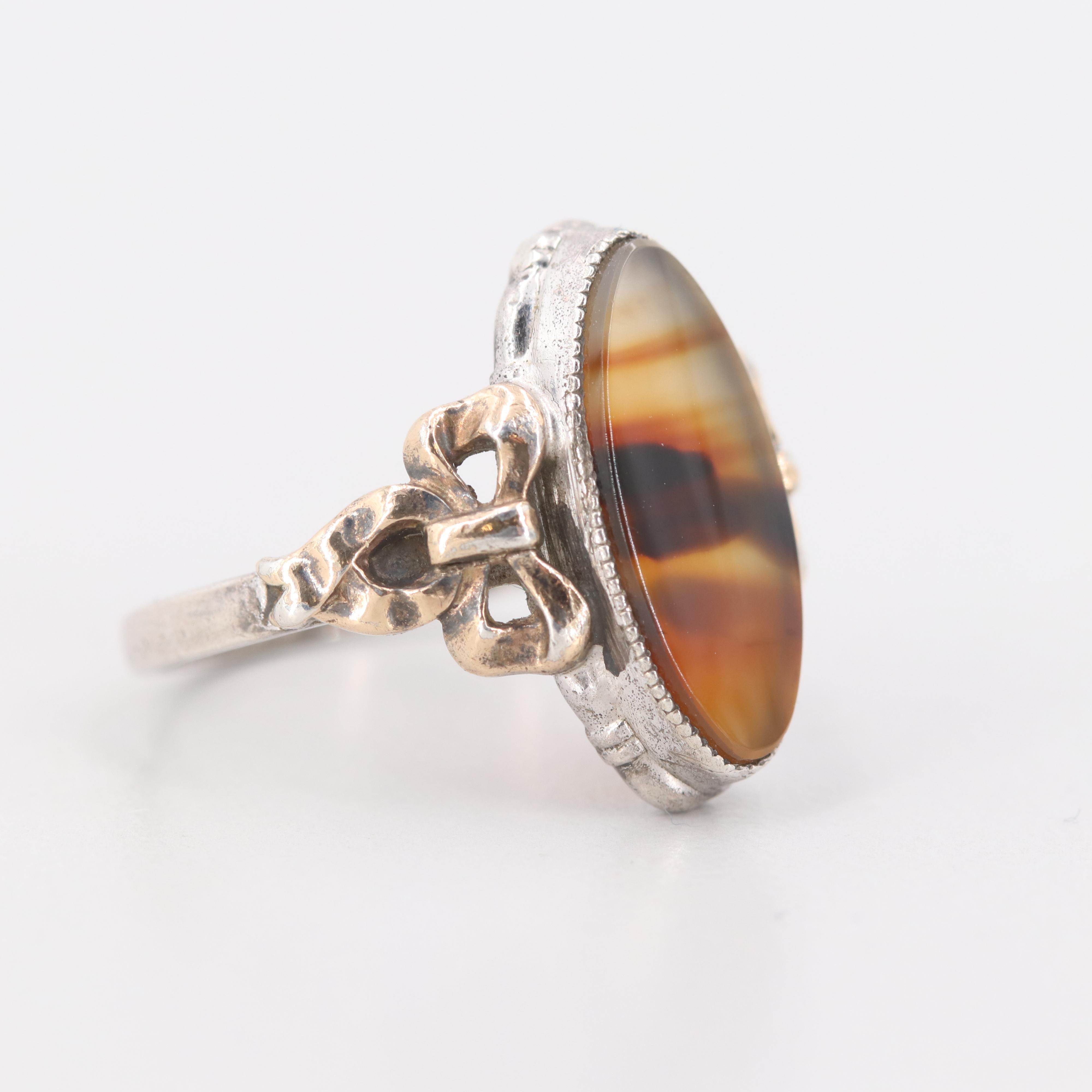 Vintage Clark & Coombs Sterling Silver Agate Ring with 14K Yellow Gold Accents