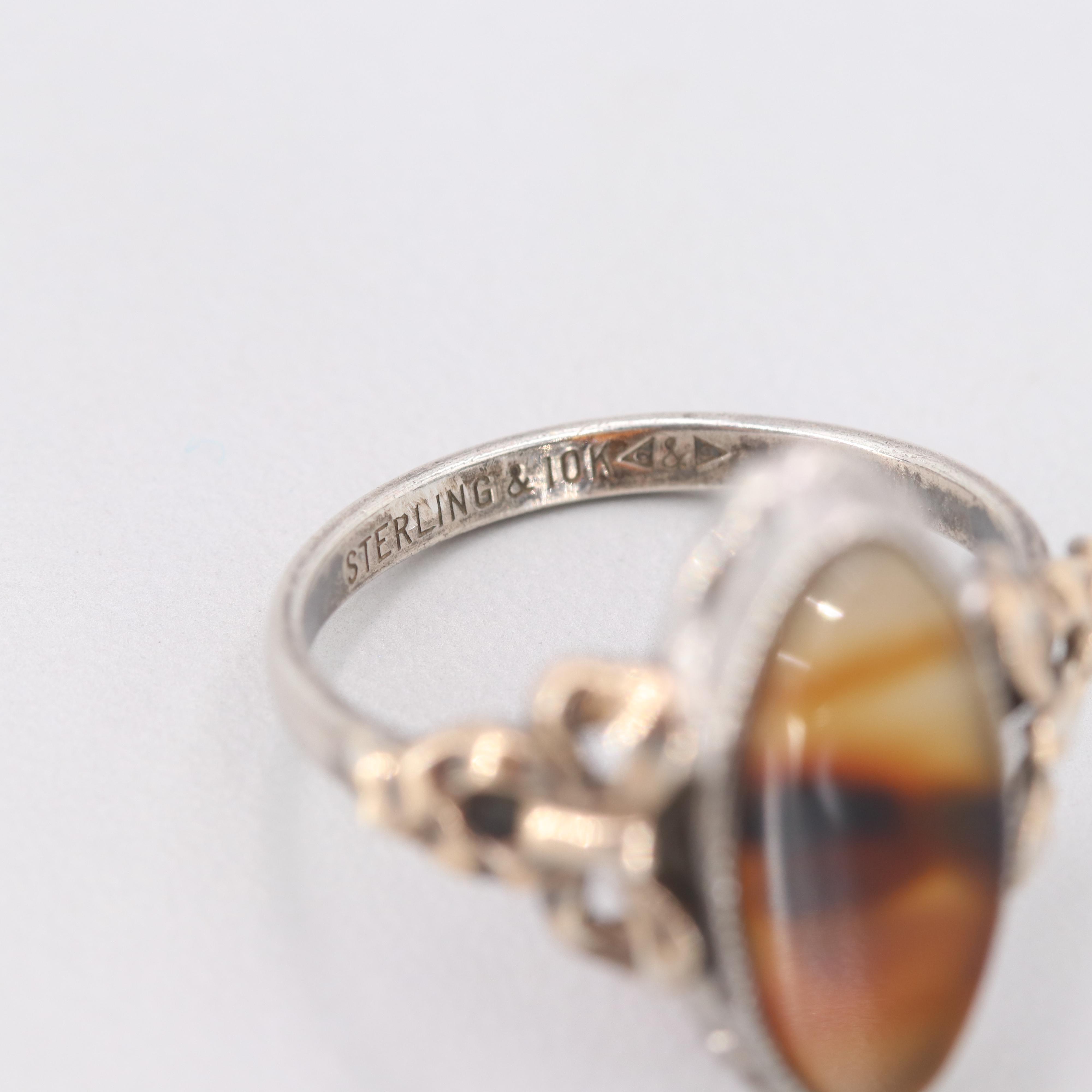 Vintage Clark & Coombs Sterling Silver Agate Ring with 14K Yellow Gold Accents
