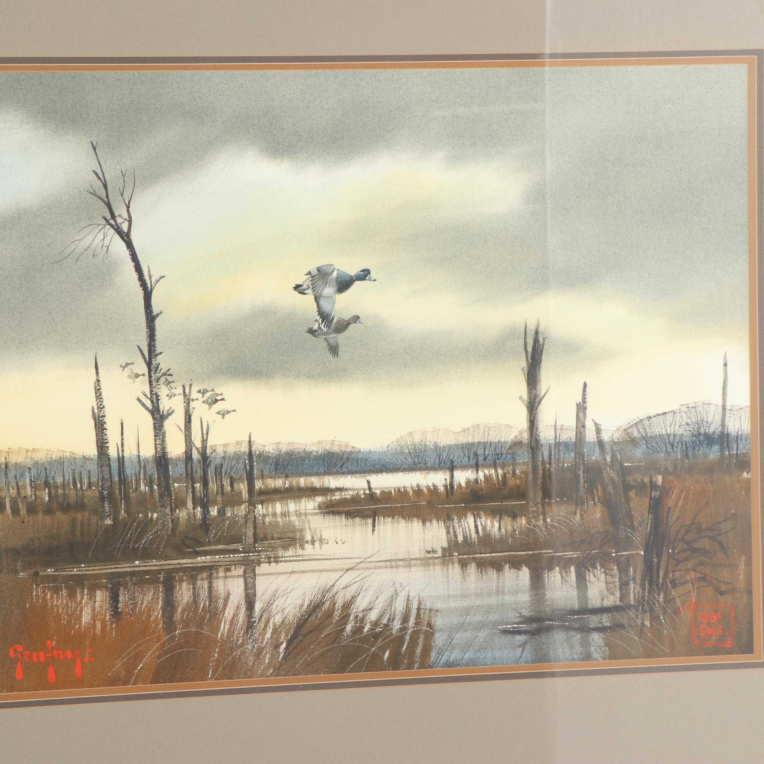 A. C. Gentry 1981 Watercolor Painting of Landscape with Ducks