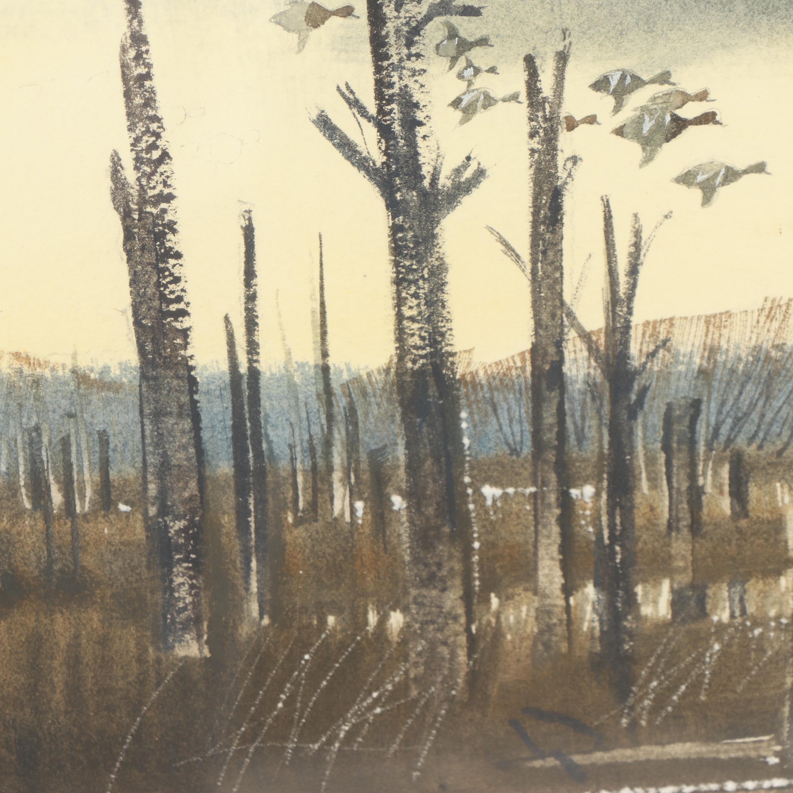 A. C. Gentry 1981 Watercolor Painting of Landscape with Ducks