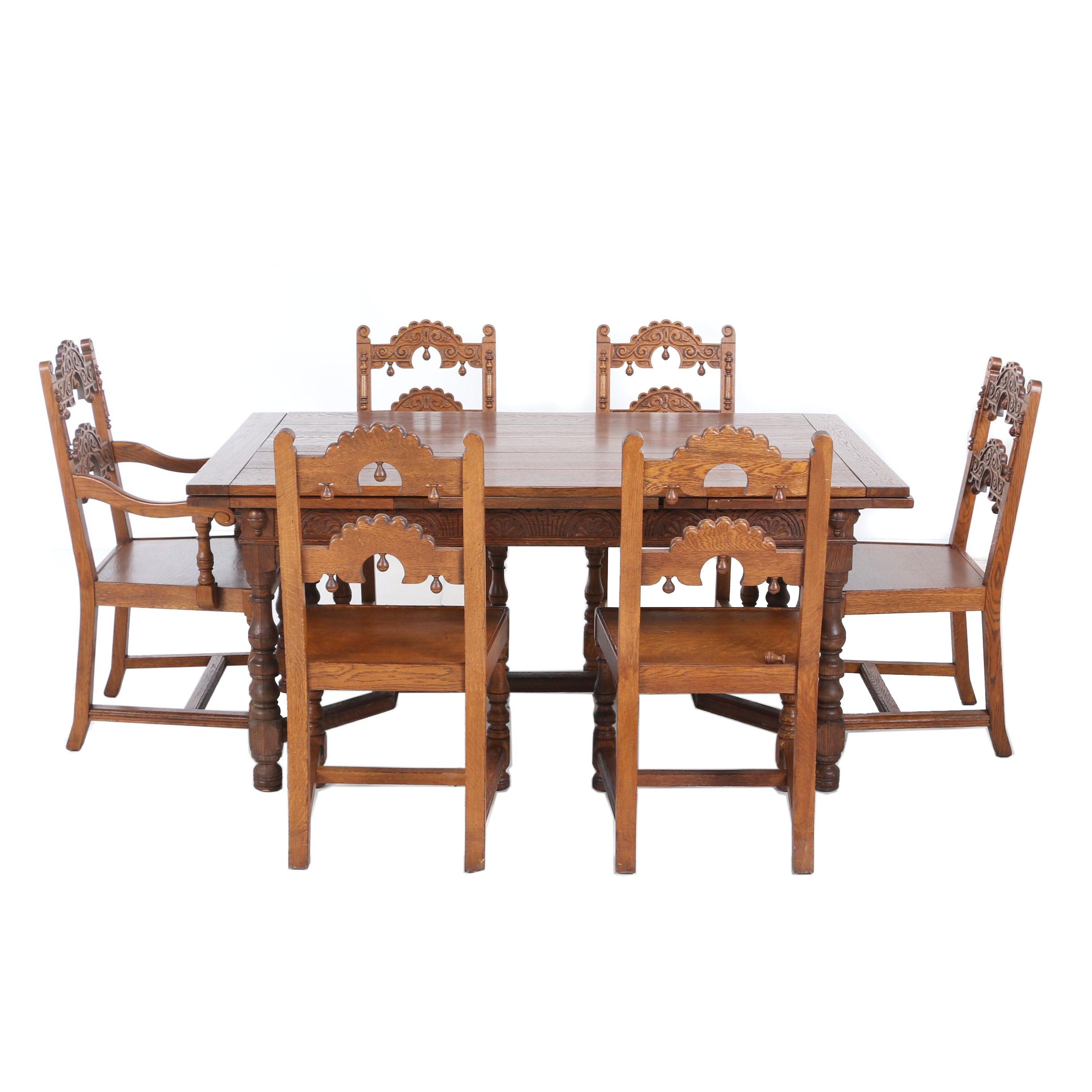 Jacobean Style Oak Draw Leaf Dining Set by Sligh Furniture Co., Early 20th Cent.