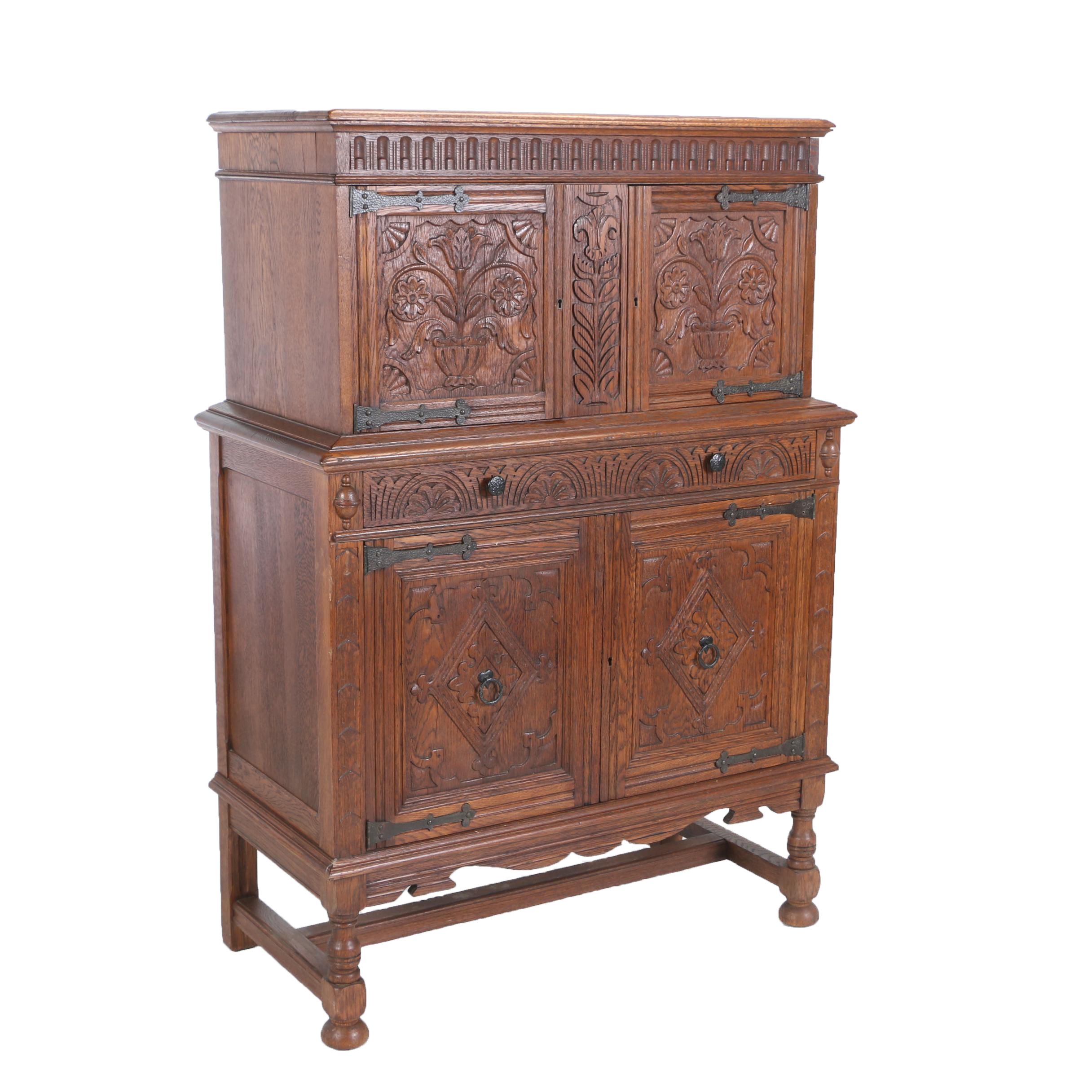 Jacobean Style Oak Cupboard by Sligh Furniture Co., Early 20th Century