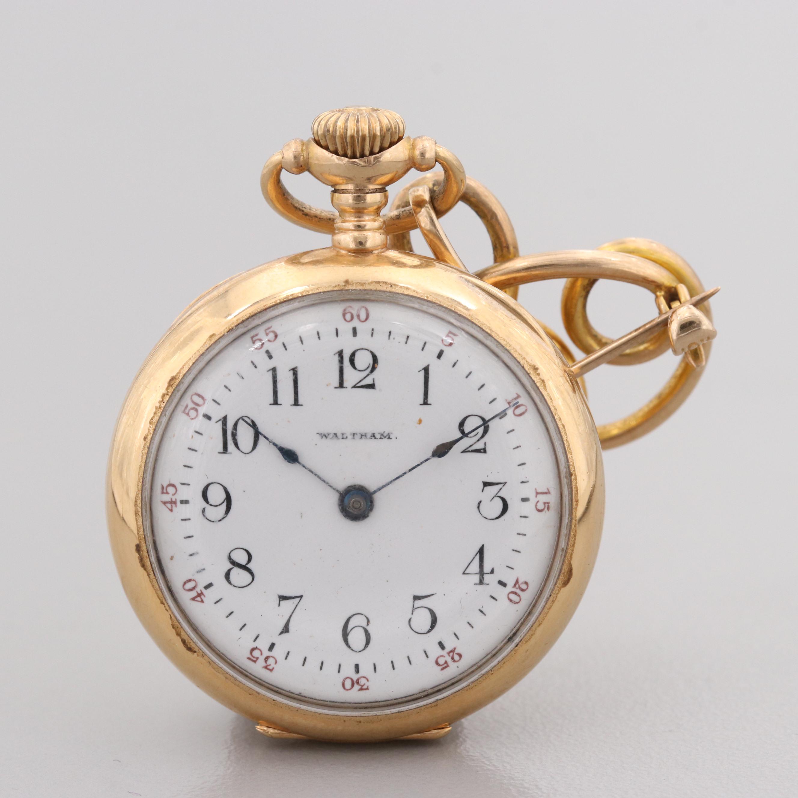 Waltham 10K and 14K Yellow Gold Pocket Watch Pin, Circa 1904