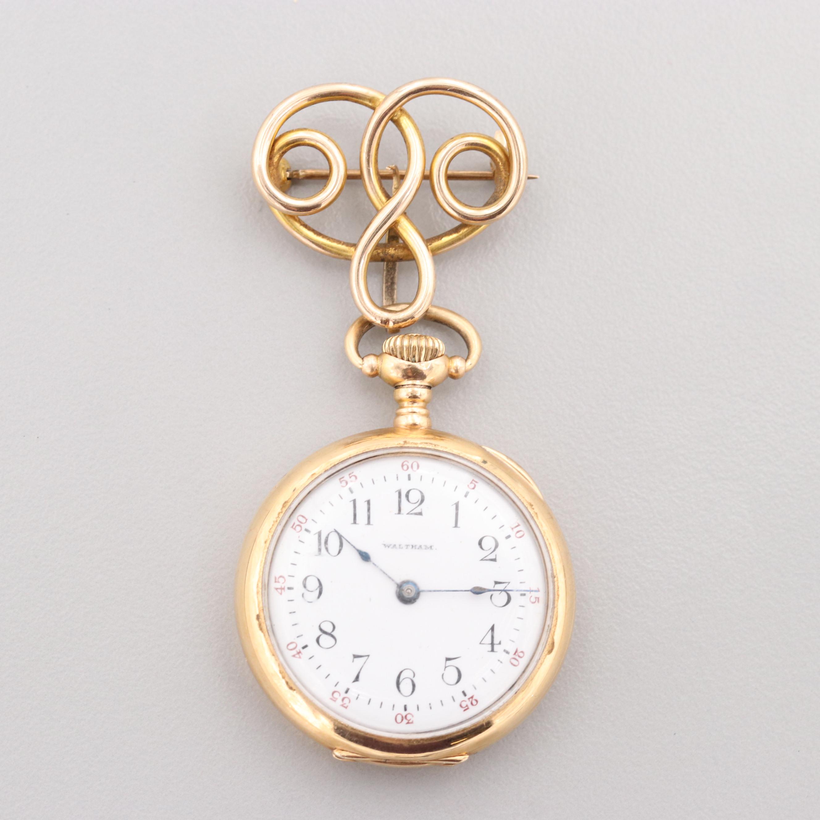 Waltham 10K and 14K Yellow Gold Pocket Watch Pin, Circa 1904