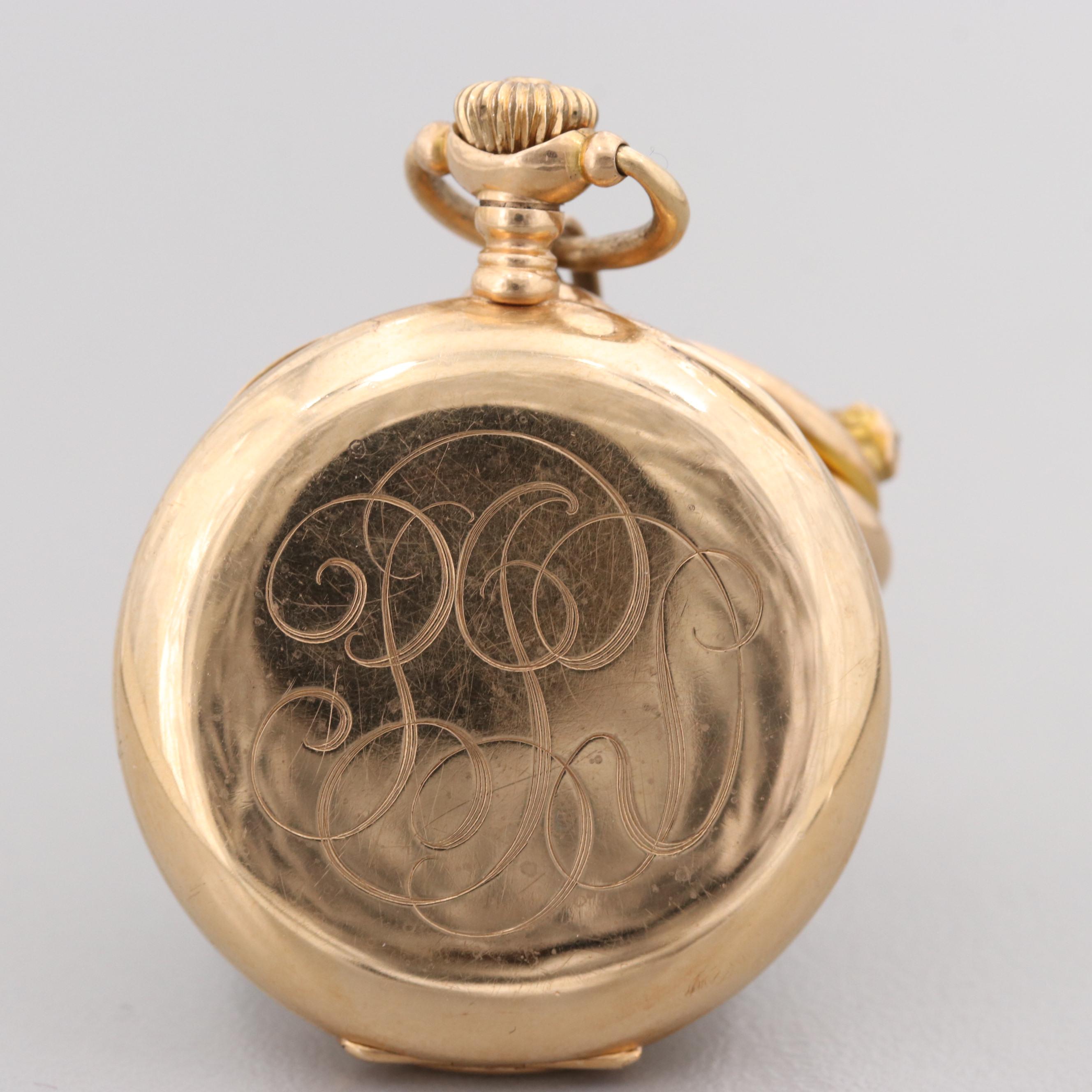 Waltham 10K and 14K Yellow Gold Pocket Watch Pin, Circa 1904