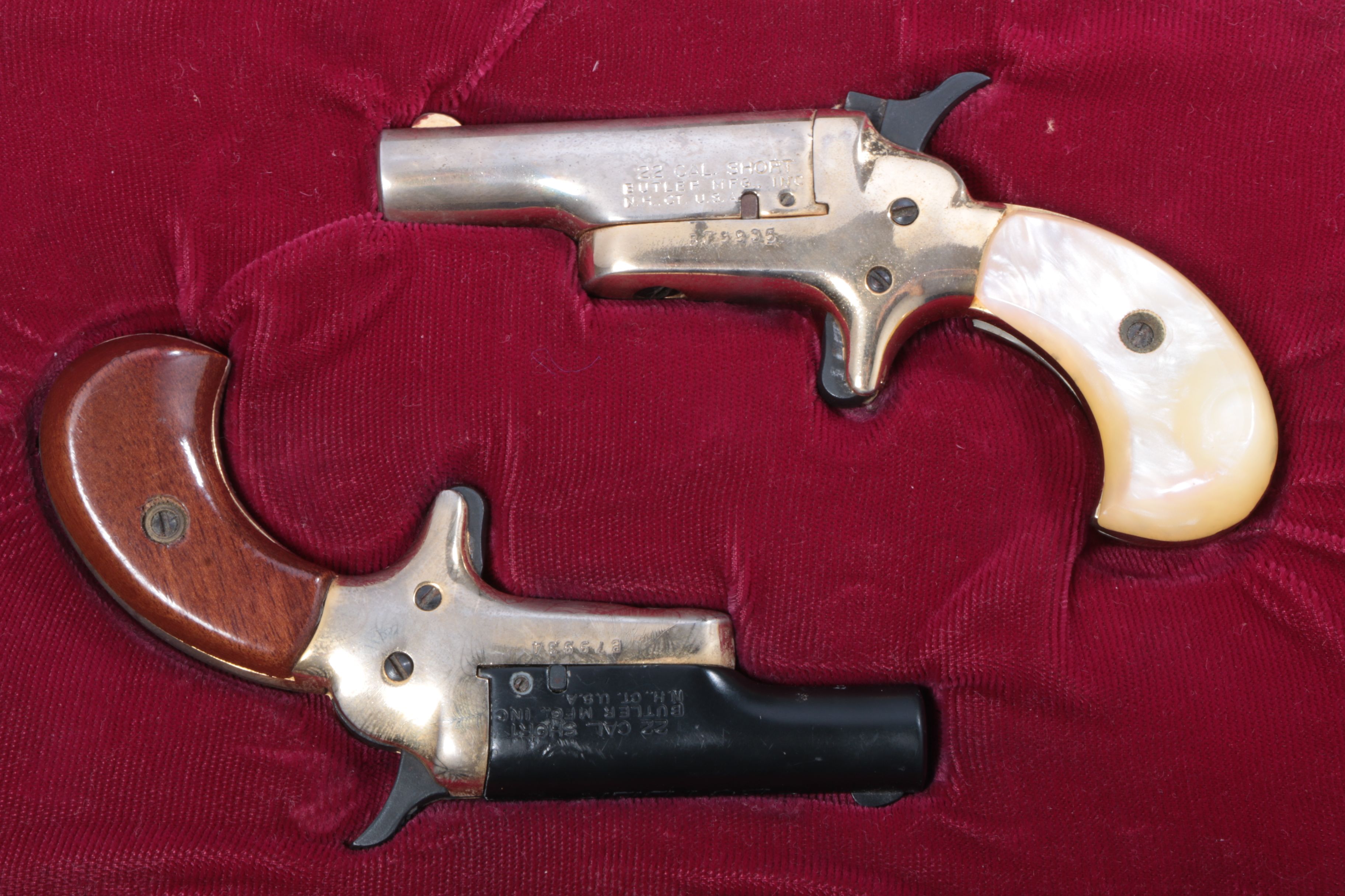 Pair of Butler Single Shot Derringer Type .22 Short Pistols in Presentation Case