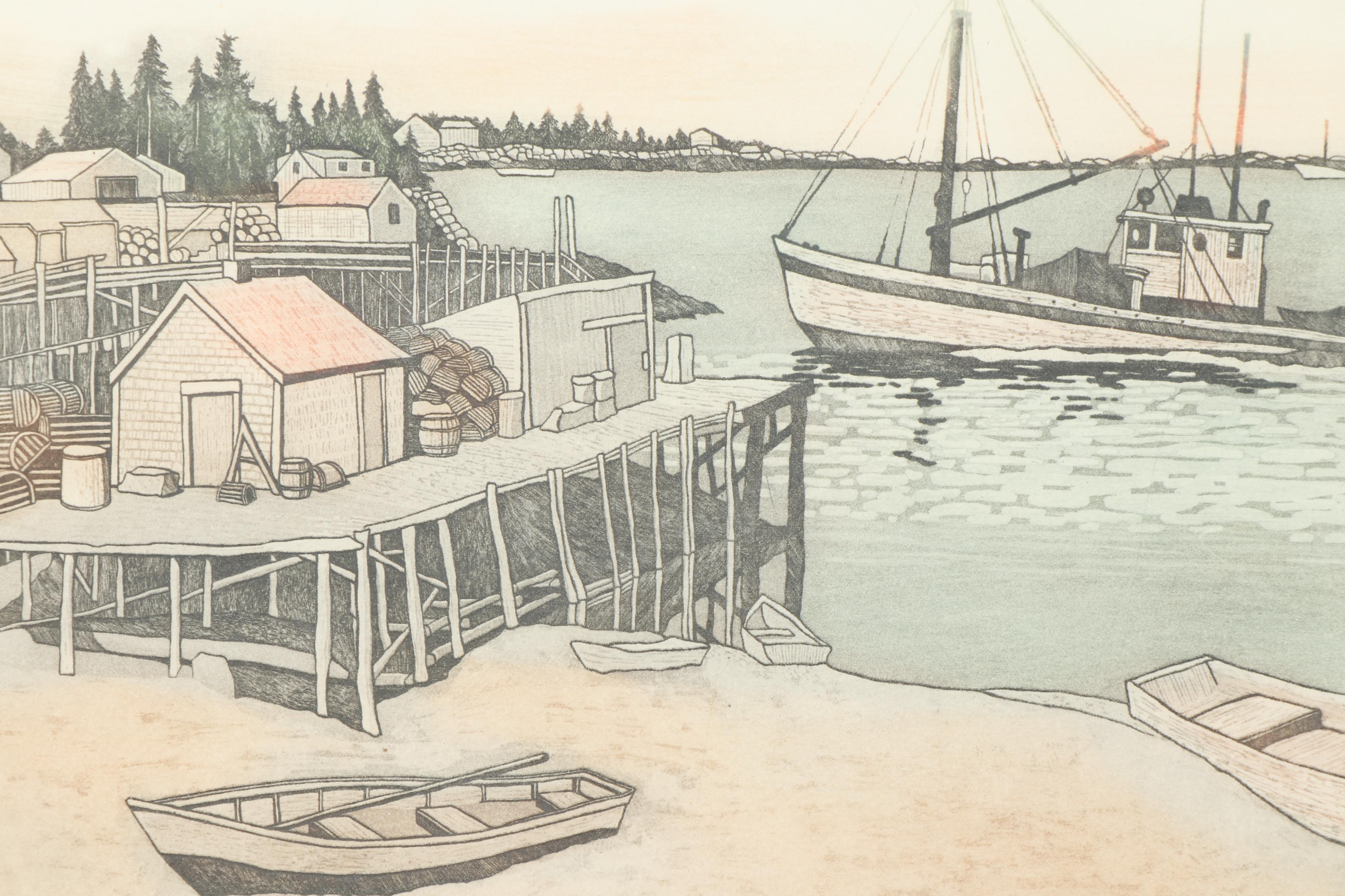 Polly Chase Etching of Harbor Scene