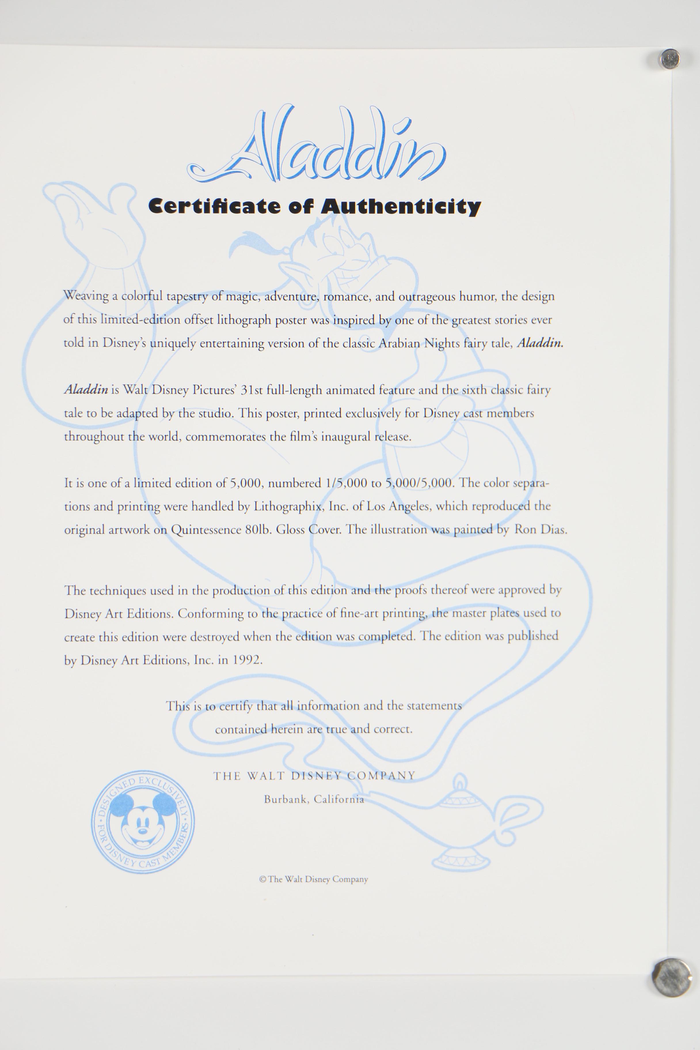 Disney Posters Featuring Limited Edition "Aladdin" Poster, 1990s