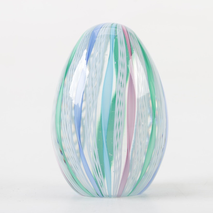 Murano Italian Art Glass "Latticino Filigrana Ribbon" Paperweight, Mid-Century
