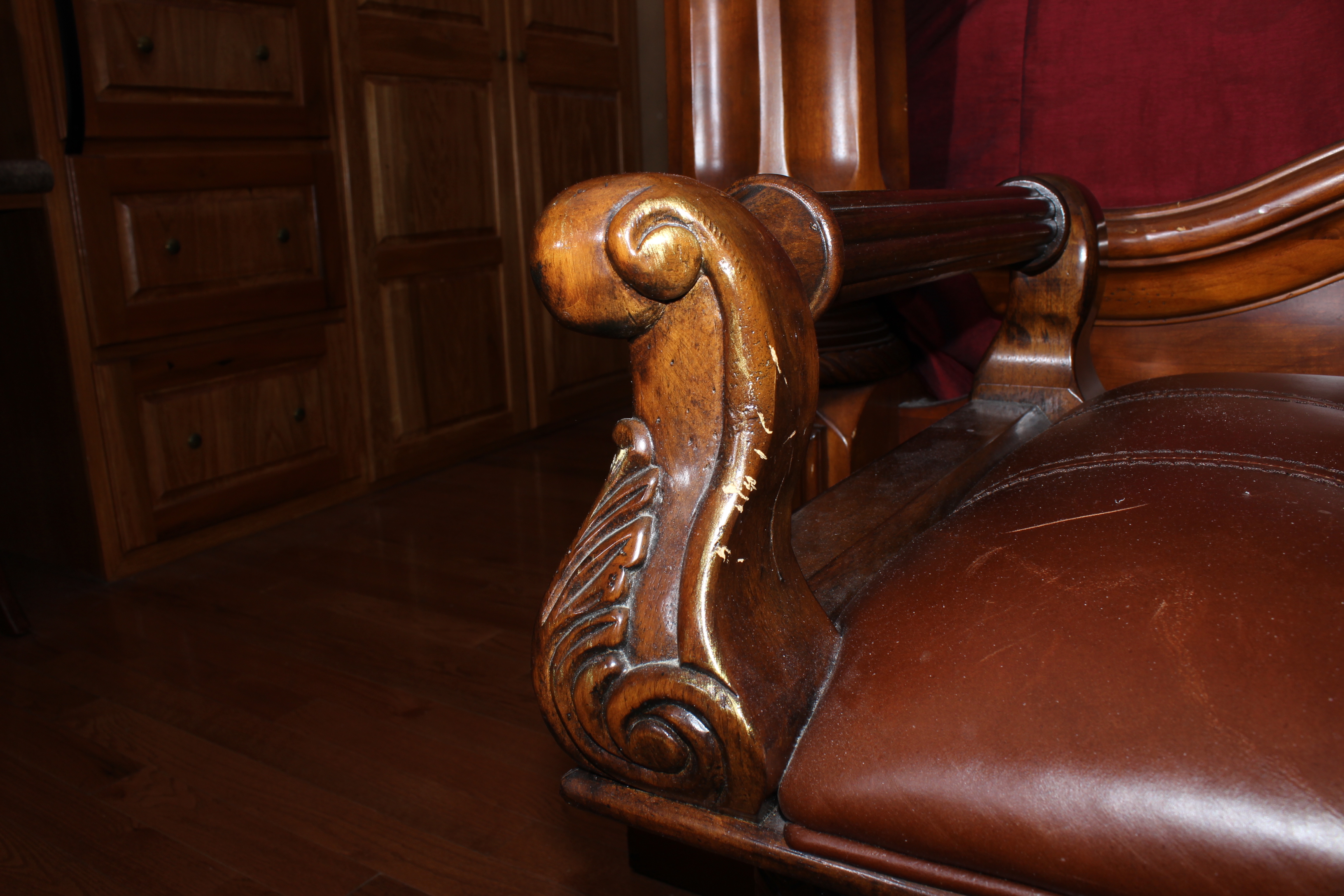 Mahogany Tufted Leather Bed Bench With Drawers and Handles, Late 20th Century
