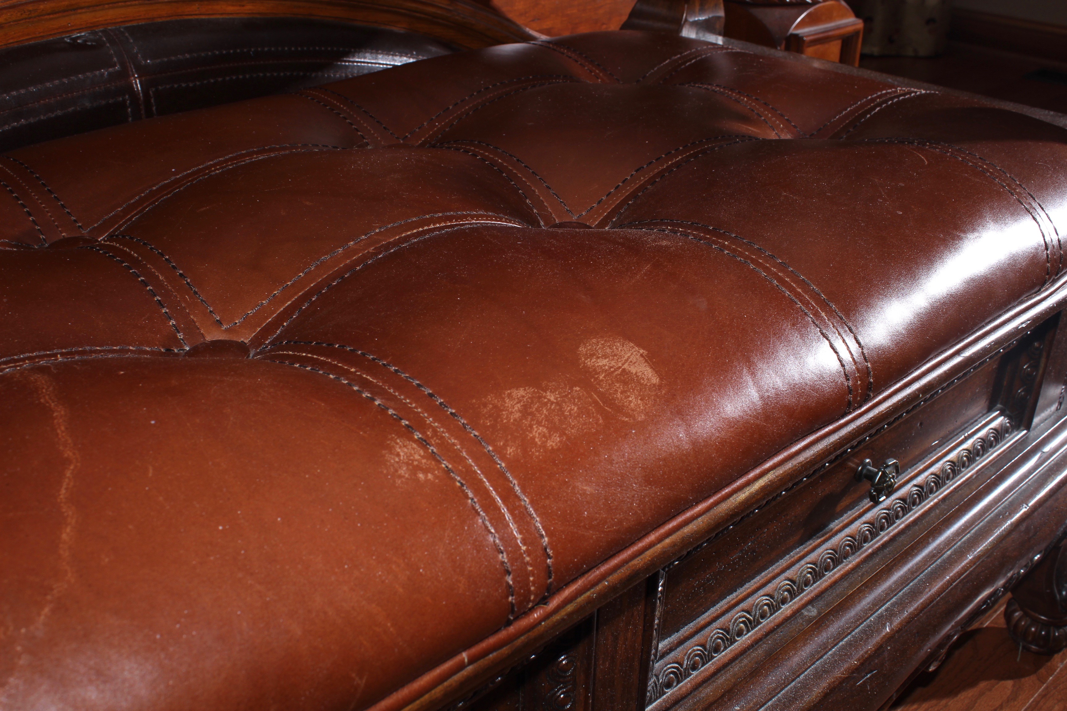 Mahogany Tufted Leather Bed Bench With Drawers and Handles, Late 20th Century