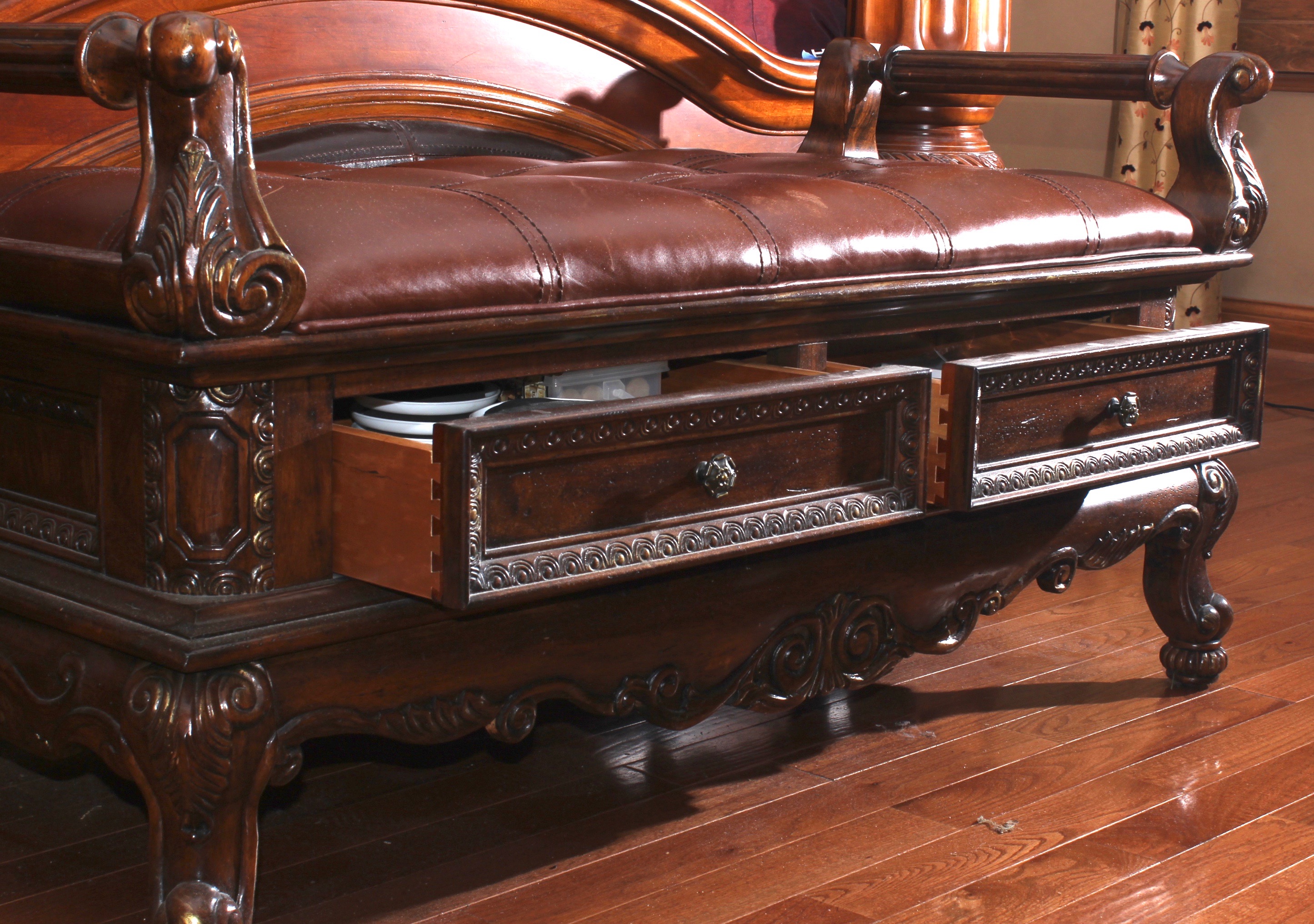 Mahogany Tufted Leather Bed Bench With Drawers and Handles, Late 20th Century