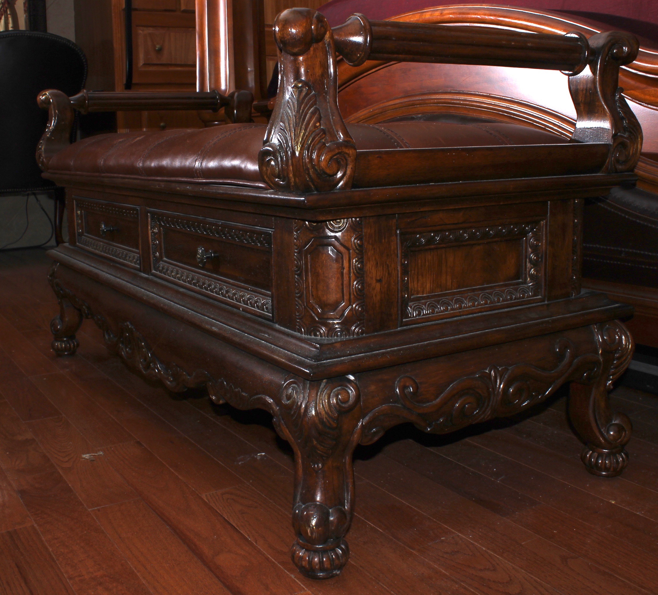 Mahogany Tufted Leather Bed Bench With Drawers and Handles, Late 20th Century