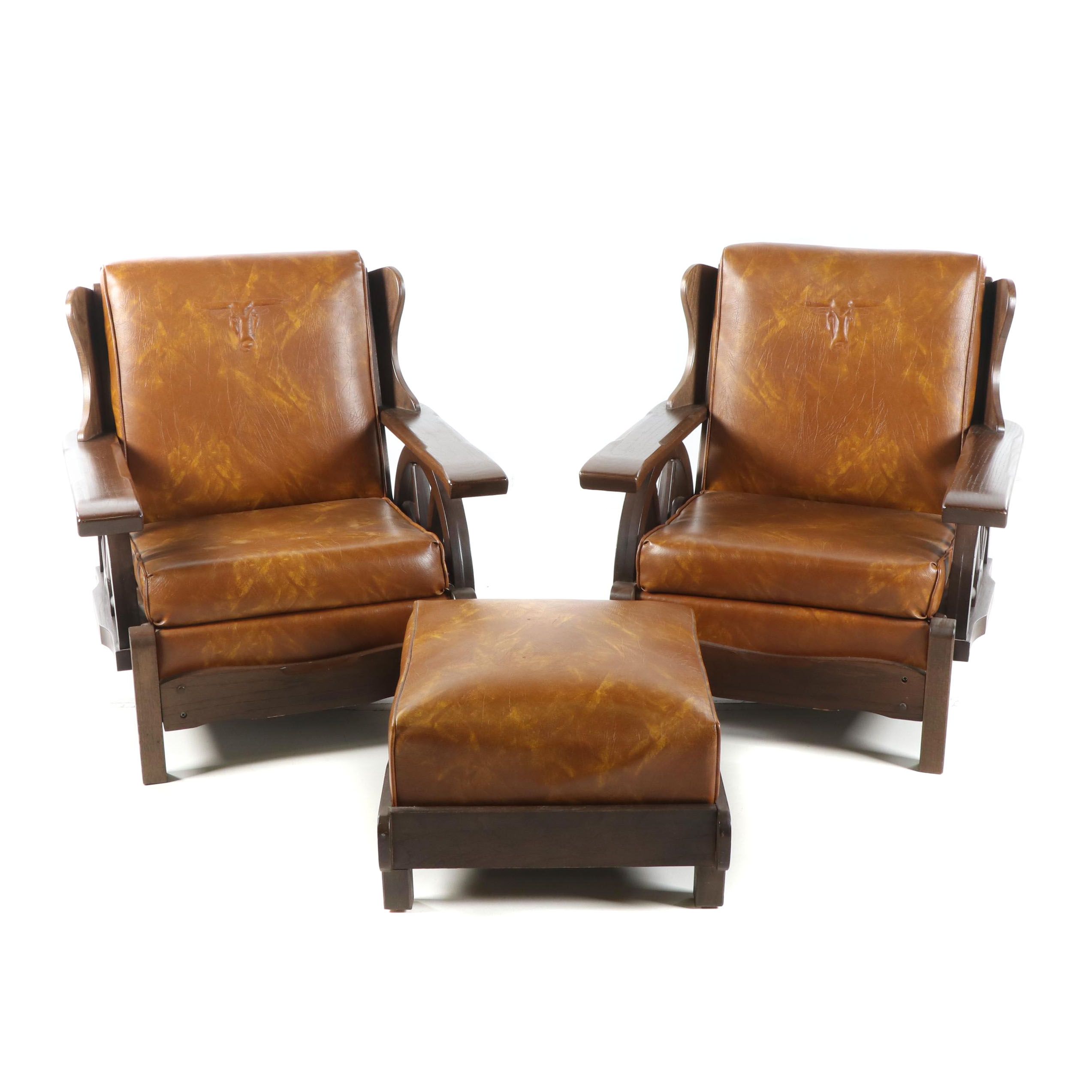 Wagon Wheel Motif Vinyl Upholstered Oak Armchairs with Ottoman, 20th Century