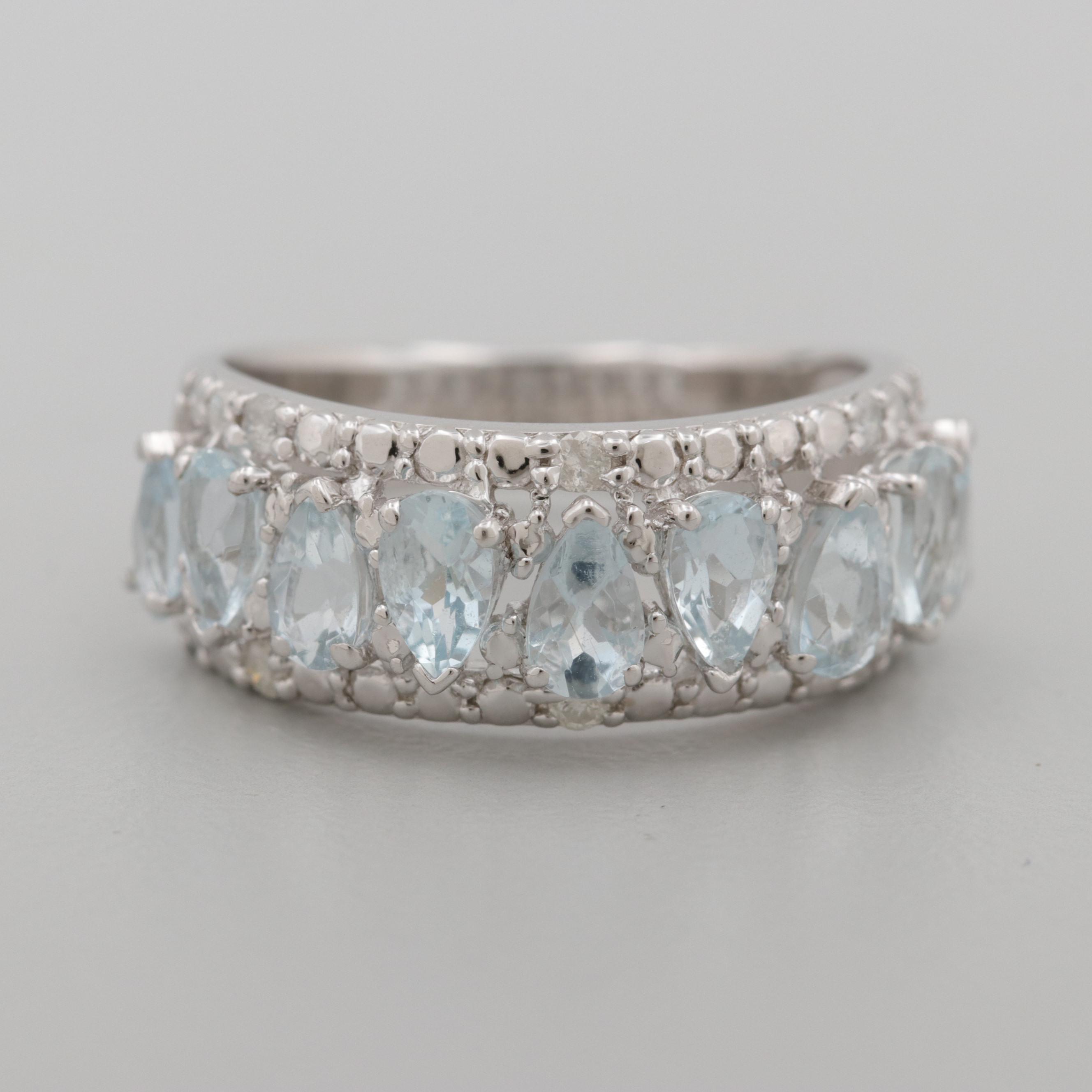 Sterling Silver Aquamarine and Diamond Ring