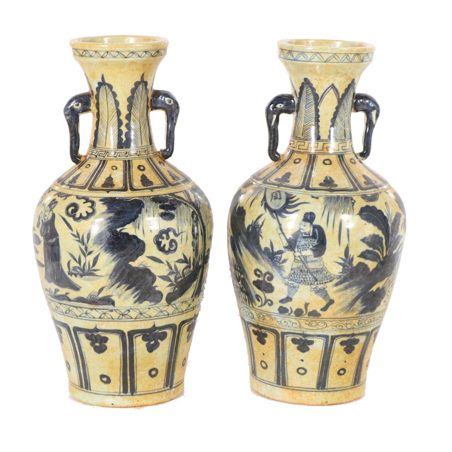 Chinese Blue and White Ceramic Vases with Handles