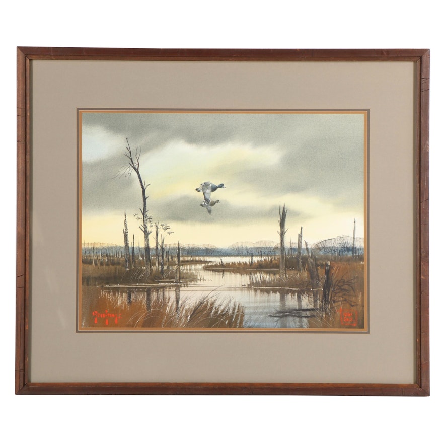 A. C. Gentry 1981 Watercolor Painting of Landscape with Ducks