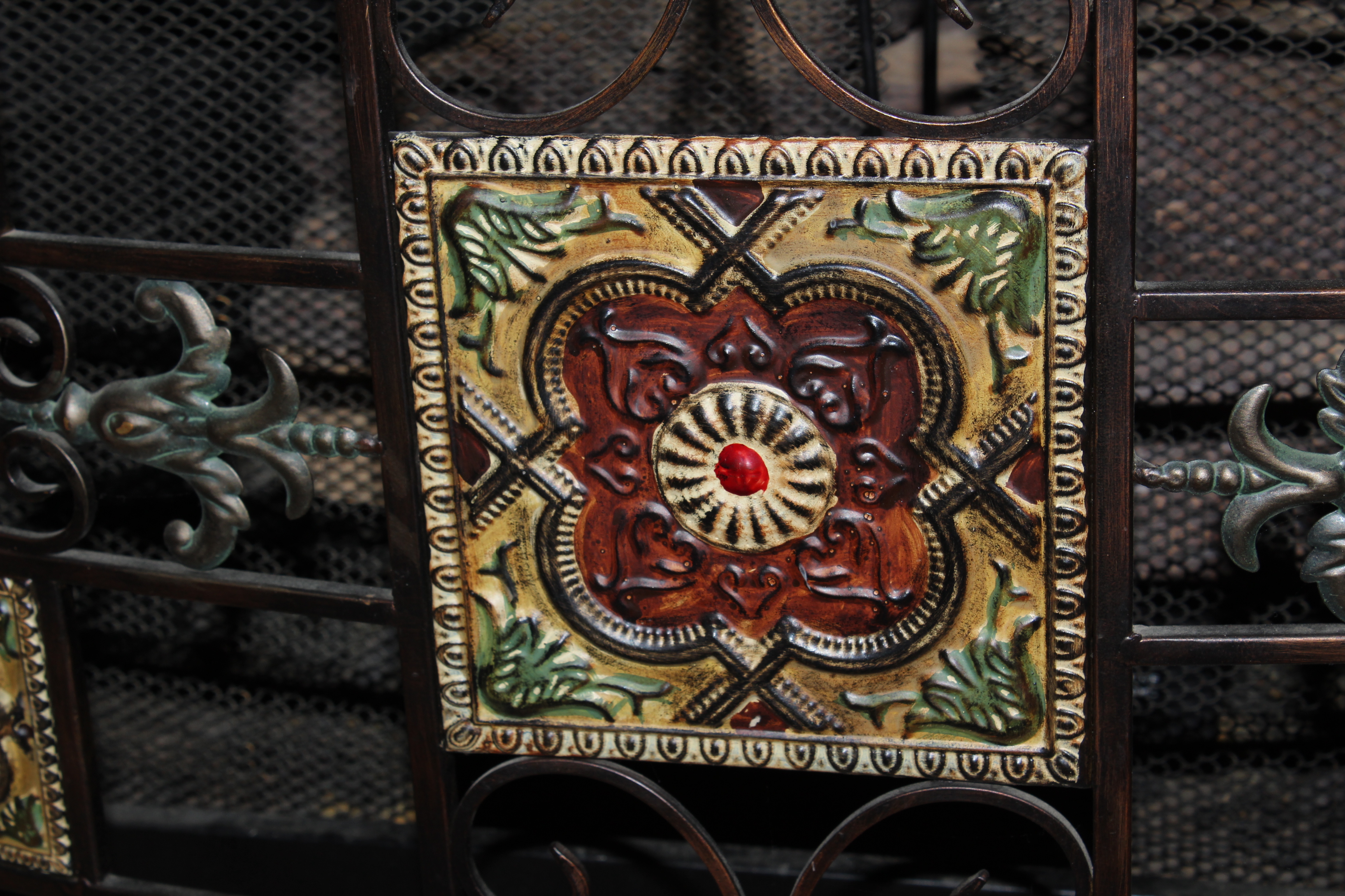 Italianate Metal Fireplace Screen, Iron Tool Set and Horse Carving