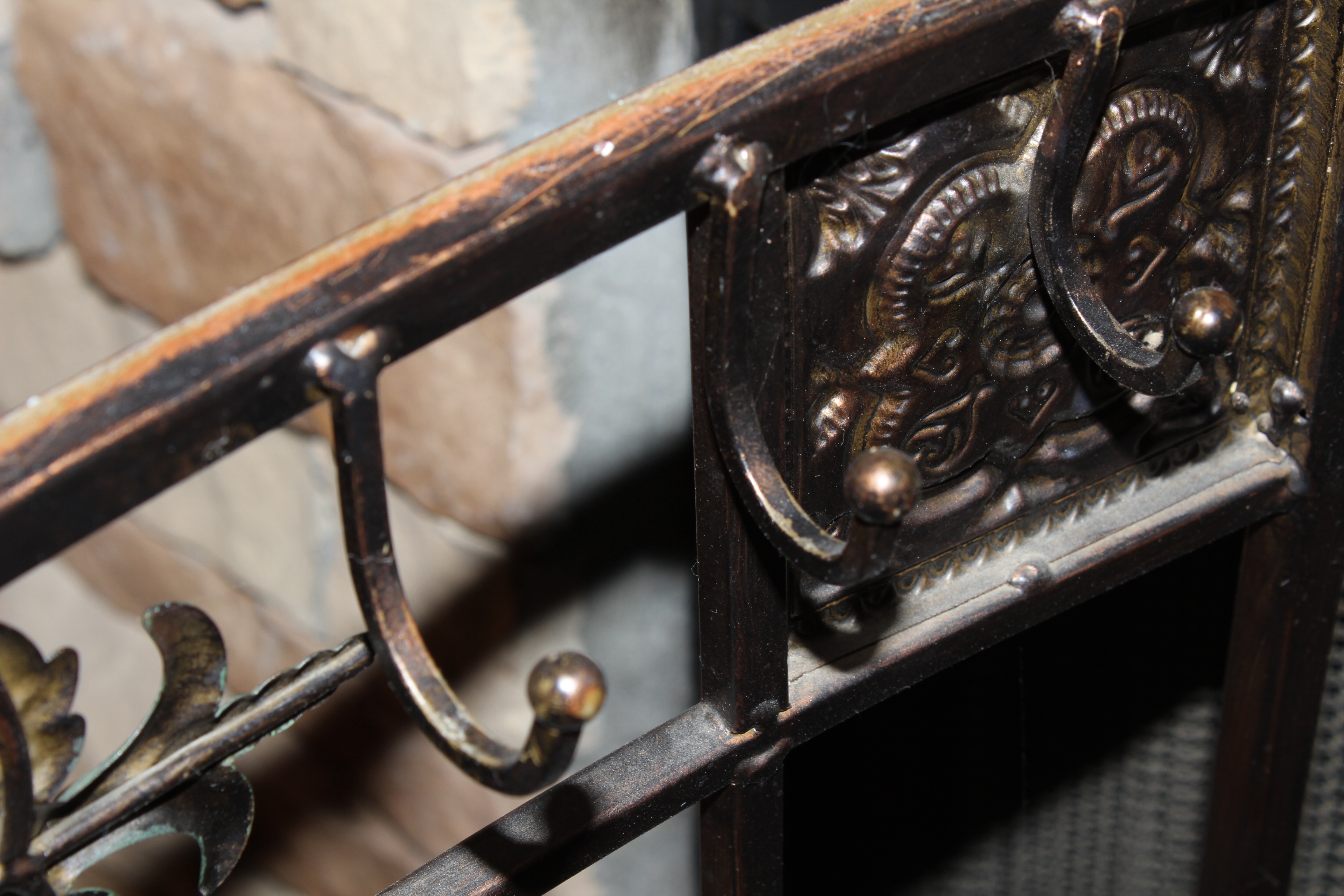 Italianate Metal Fireplace Screen, Iron Tool Set and Horse Carving