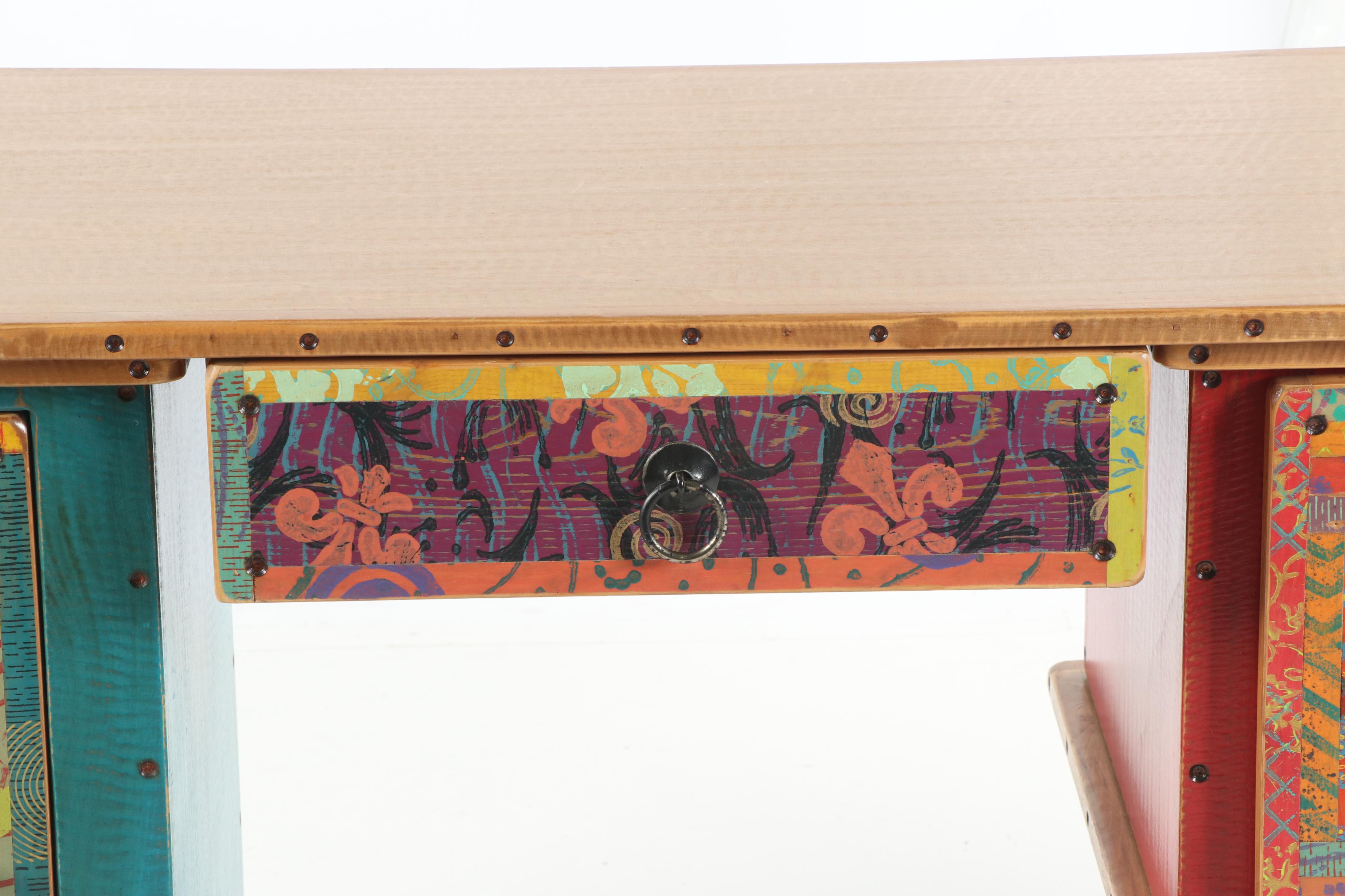 Hand-Painted Wood Three-Piece Desk by Shoestring Creations, 21st Century