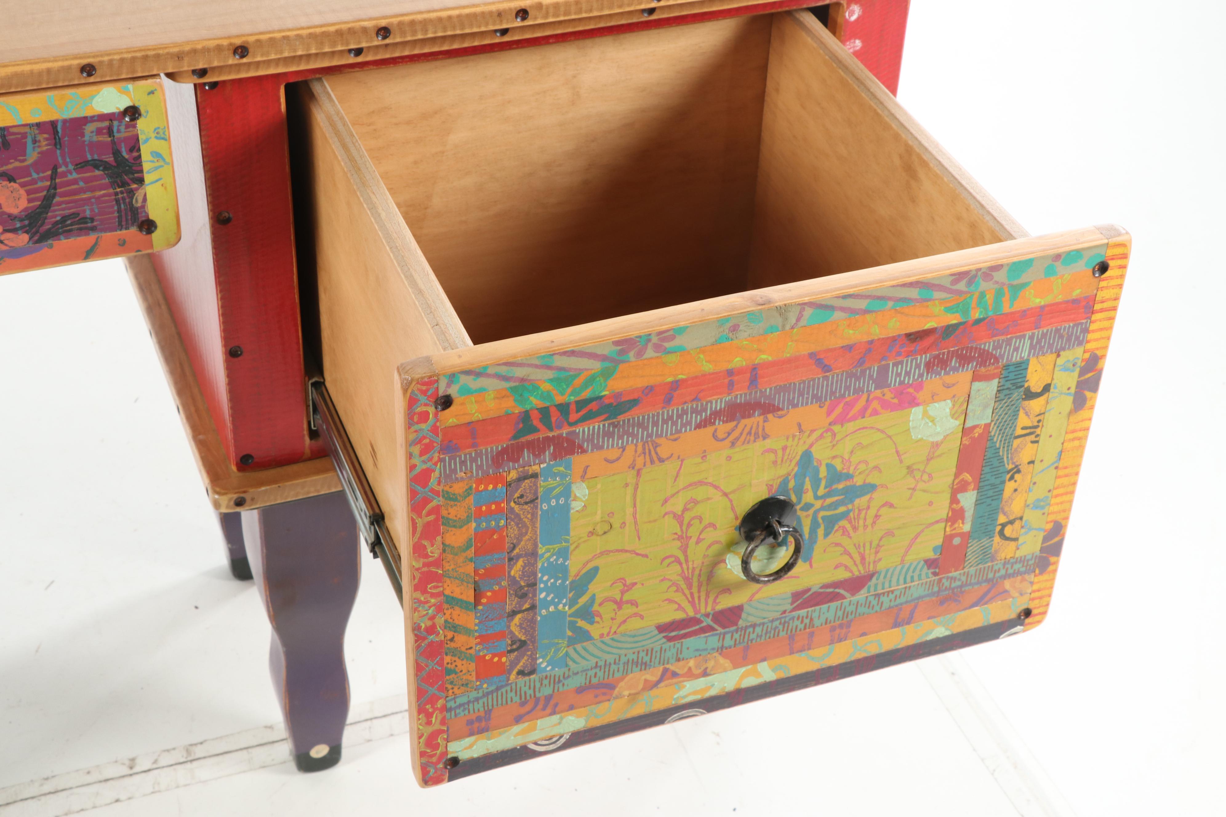 Hand-Painted Wood Three-Piece Desk by Shoestring Creations, 21st Century