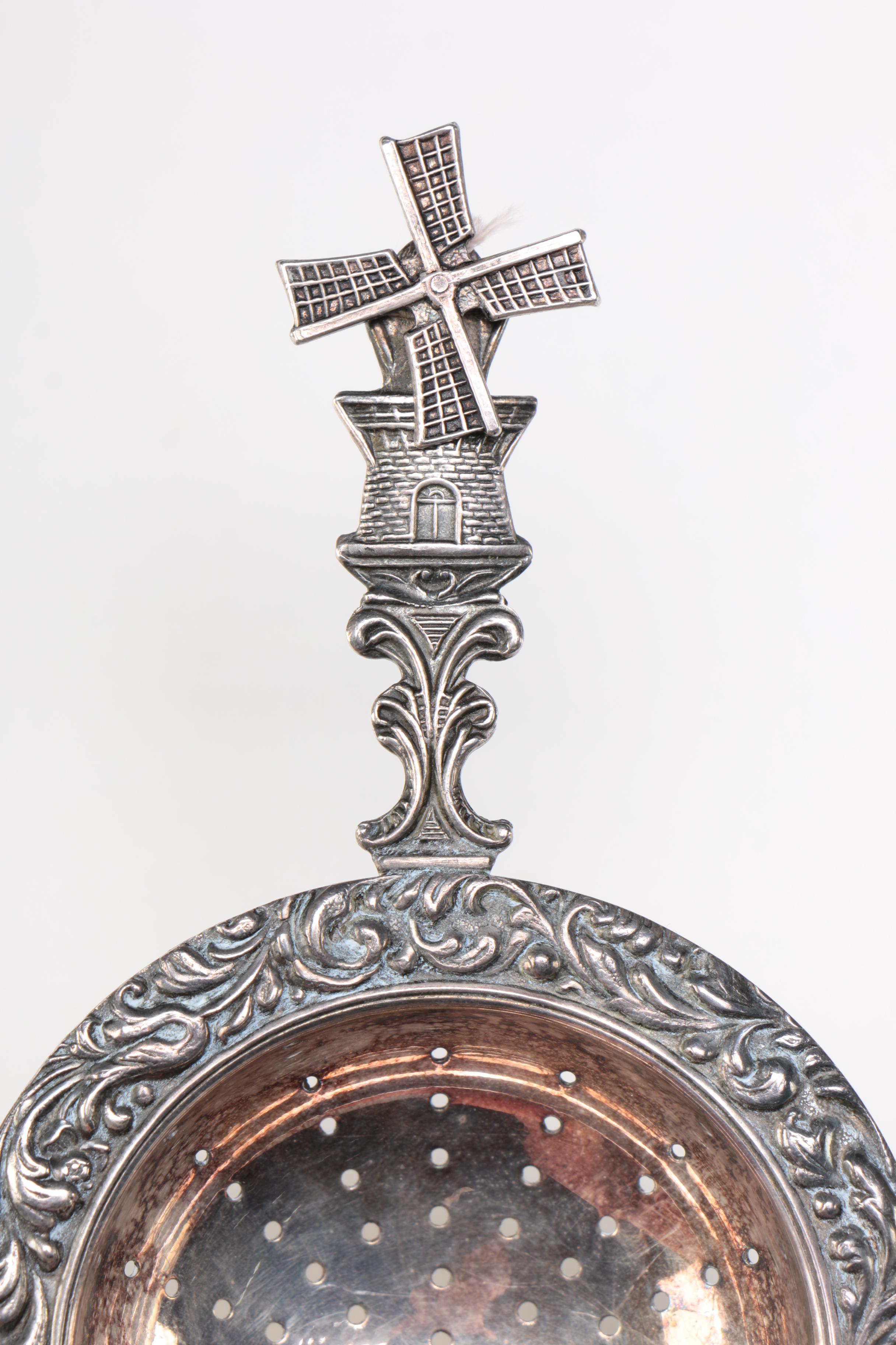 Dutch Silver Plate Spinning Windmill Tea Strainer, Early 20th Century