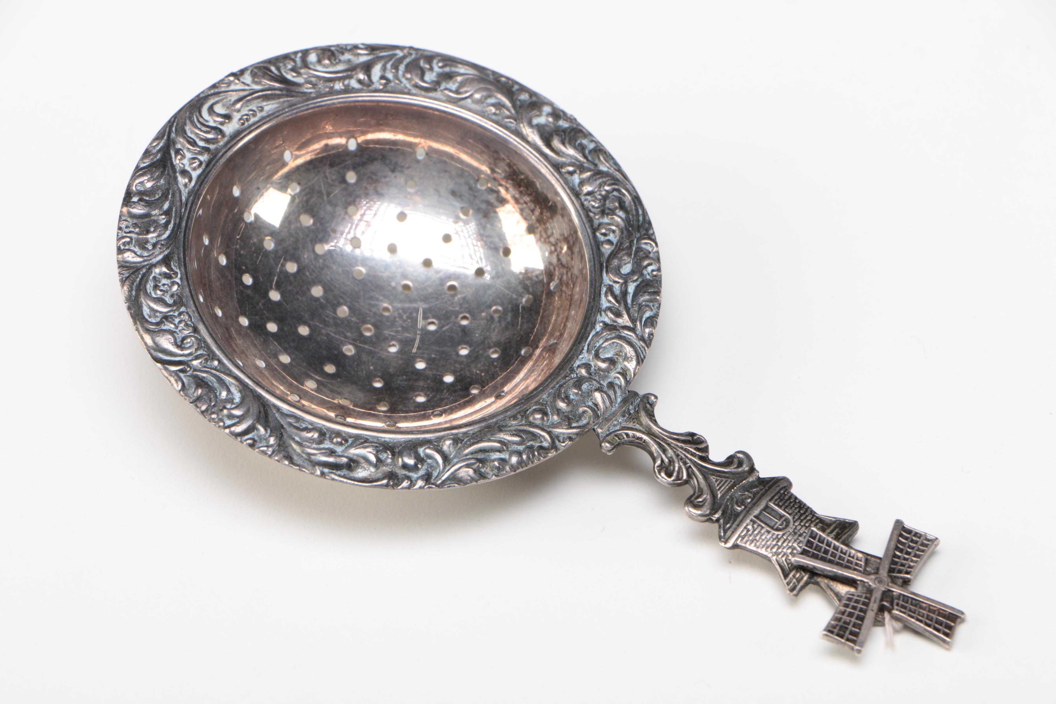 Dutch Silver Plate Spinning Windmill Tea Strainer, Early 20th Century