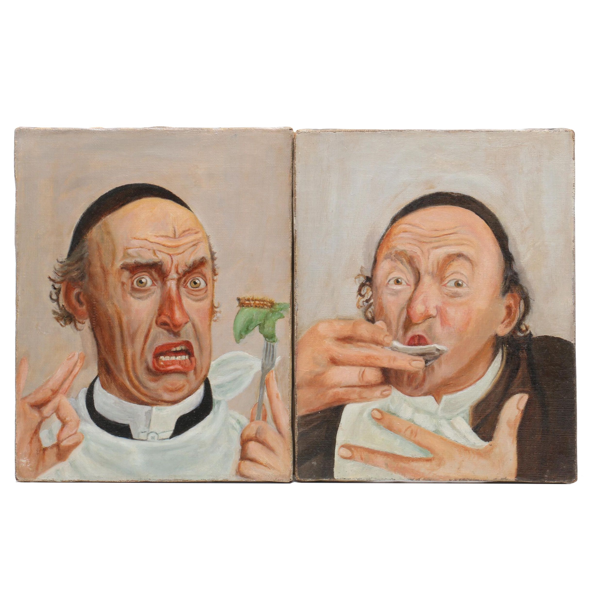 Two Illustration Oil Paintings of Men Eating