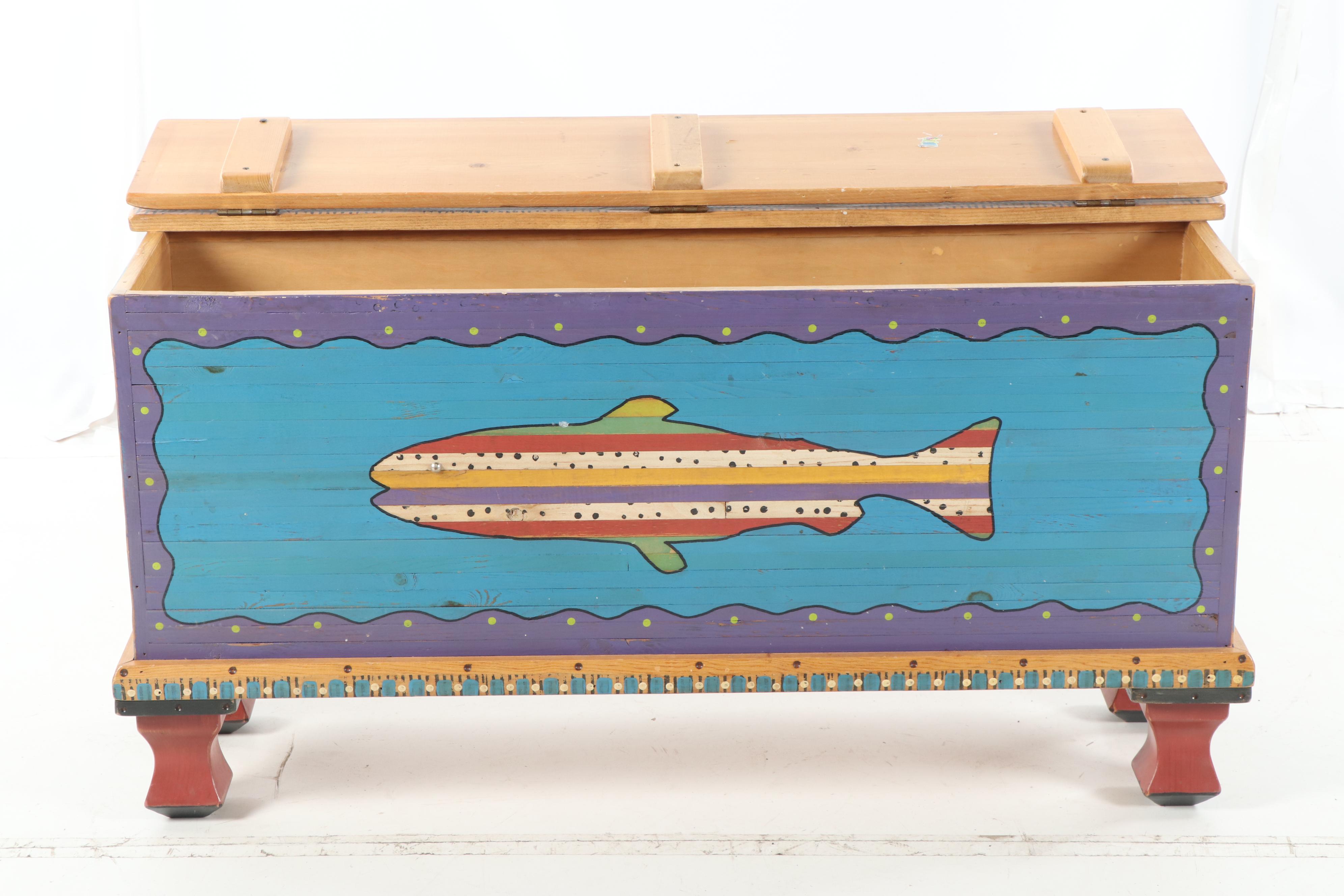 Contemporary Hand Painted Fish Trunk by Shoestring Creations