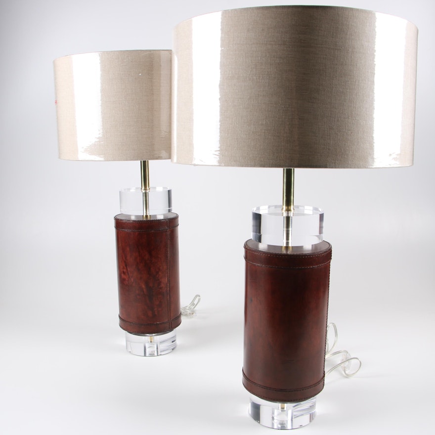 "Leathermans" Leather-Wrapped Lucite Table Lamps with Shades