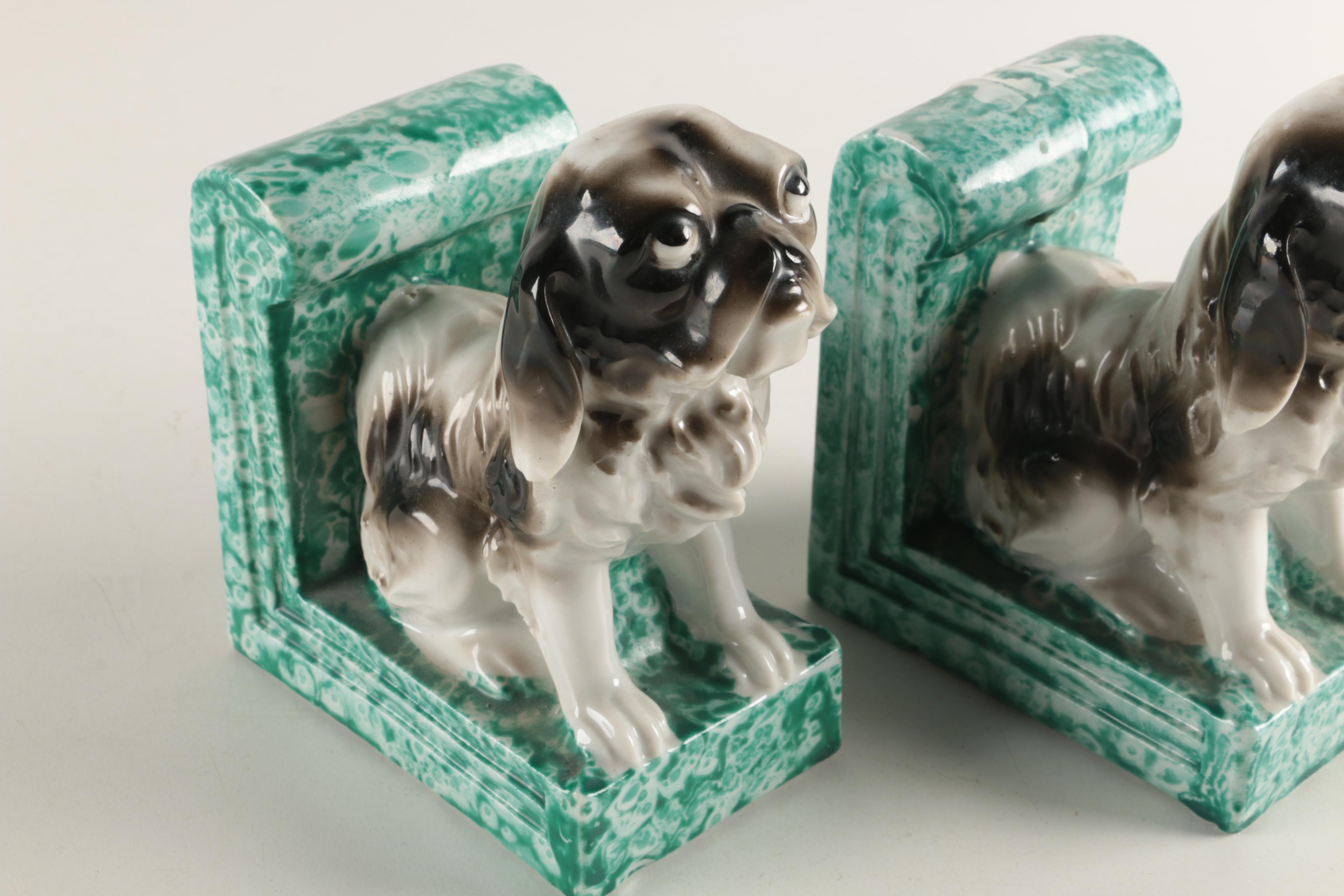 Maruyama Toki Yamashiro Ryuhei Japan Porcelain Pekingese Bookends, 1920s/1930s