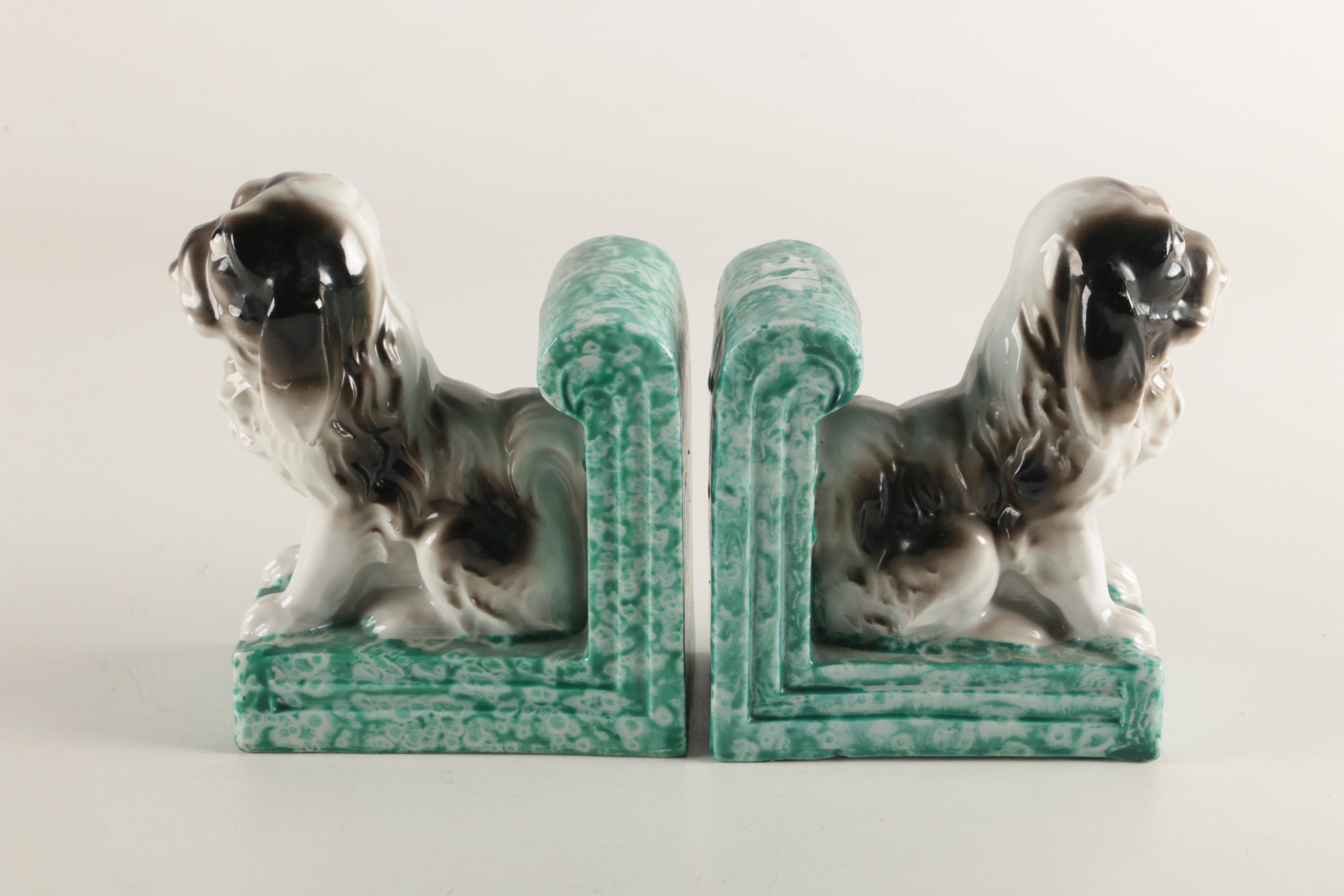 Maruyama Toki Yamashiro Ryuhei Japan Porcelain Pekingese Bookends, 1920s/1930s