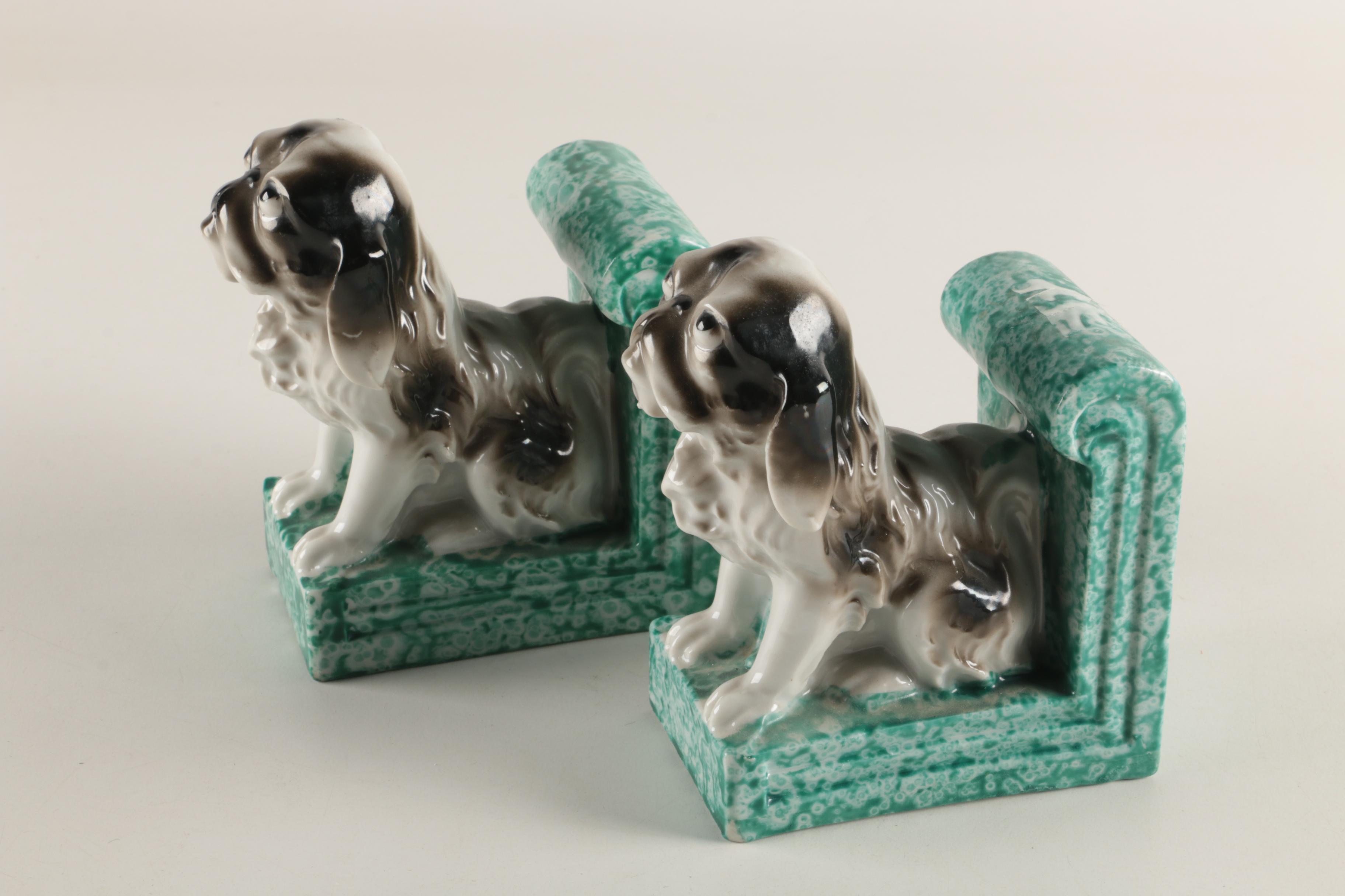 Maruyama Toki Yamashiro Ryuhei Japan Porcelain Pekingese Bookends, 1920s/1930s